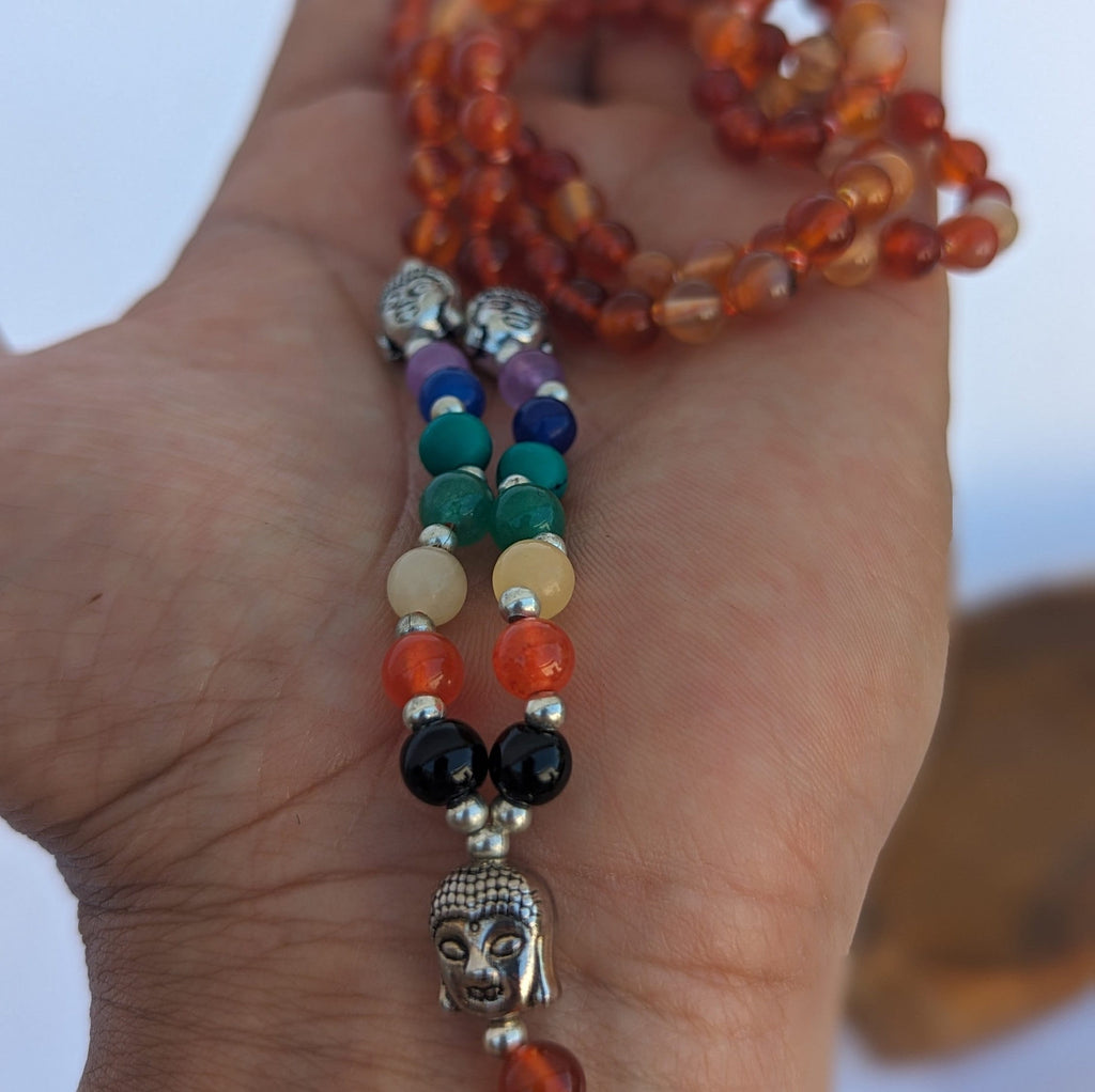 Carnelian 7 Chakra Mala: Knotted Bead Meditation Necklace