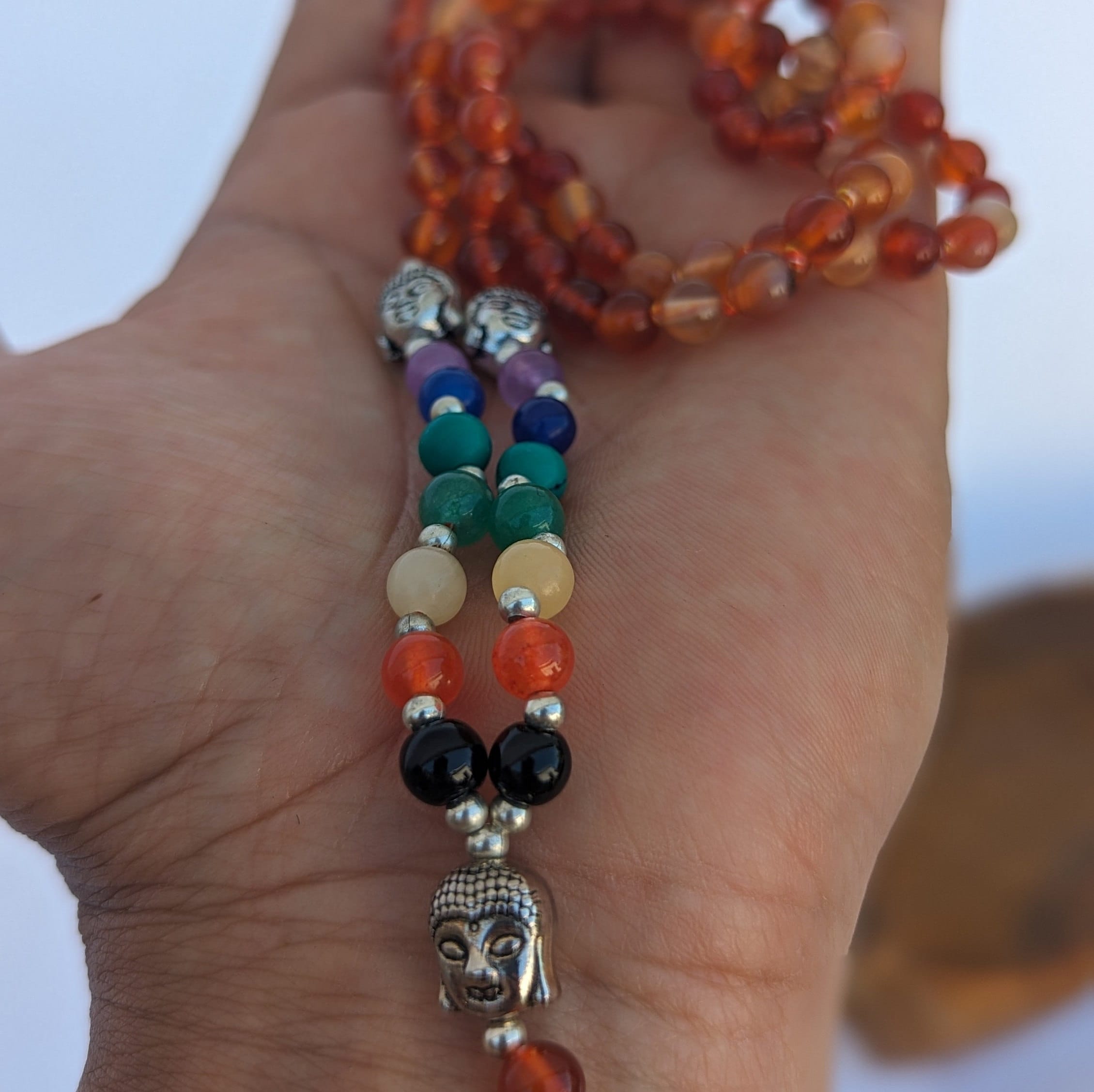 Carnelian 7 Chakra Mala: Knotted Bead Meditation Necklace