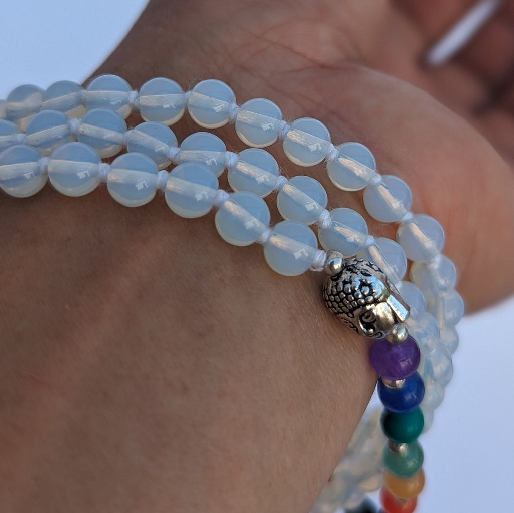 Milky Quartz 7-Chakra Mala: Knotted Meditation Beads