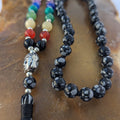Snowflake Obsidian 7-Chakra Mala: Knotted Bead Meditation Necklace