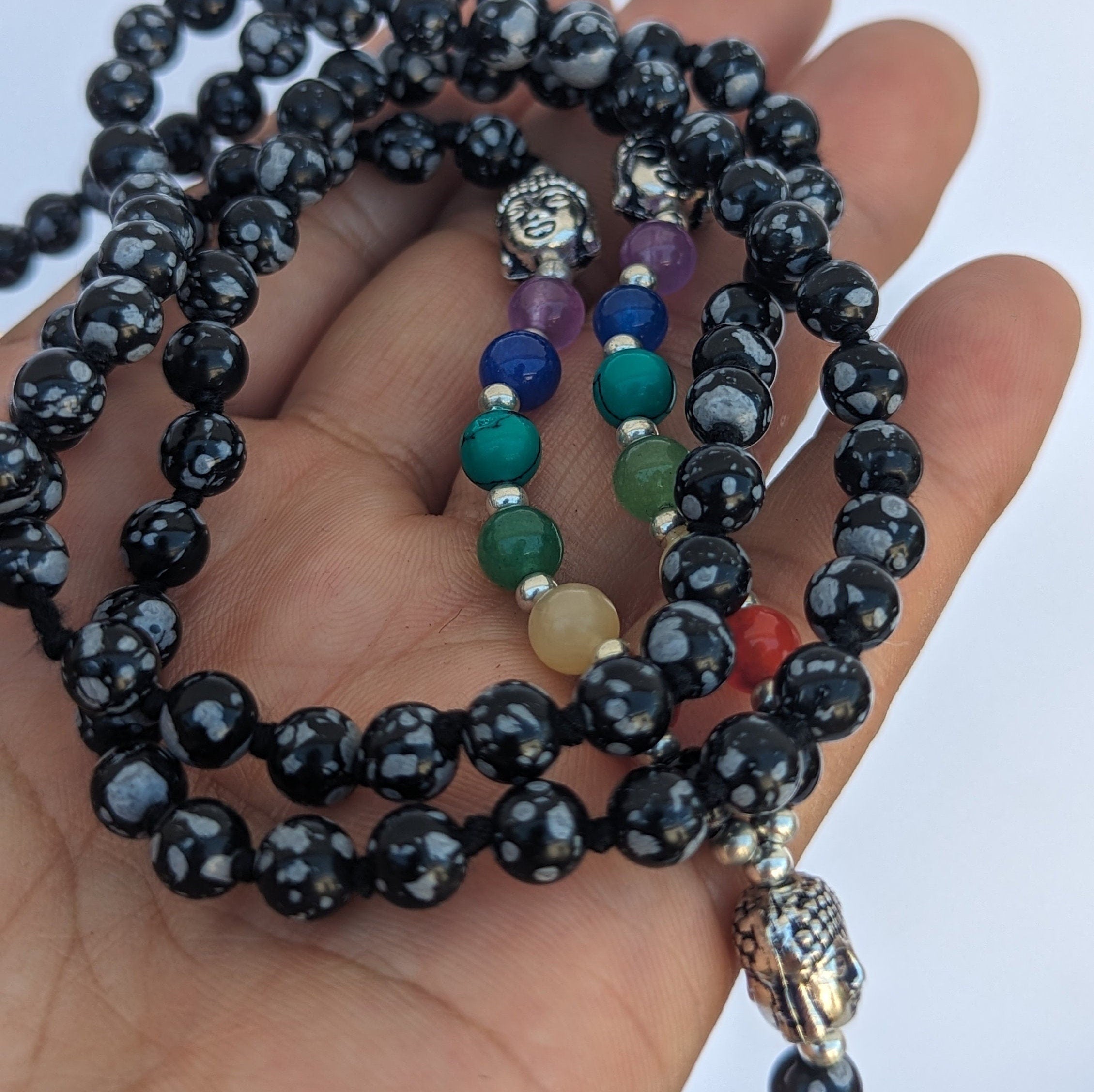 Snowflake Obsidian 7-Chakra Mala: Knotted Bead Meditation Necklace