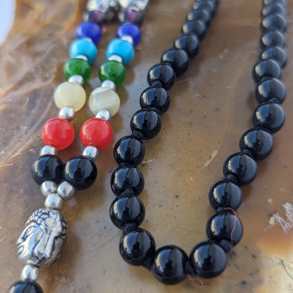 Black Onyx 7 Chakra Mala: Knotted Bead Meditation Necklace
