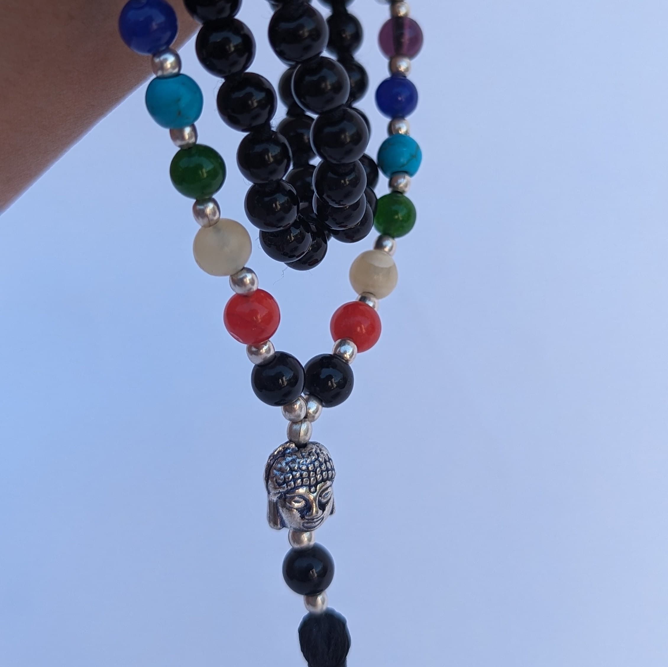 Black Onyx 7 Chakra Mala: Knotted Bead Meditation Necklace