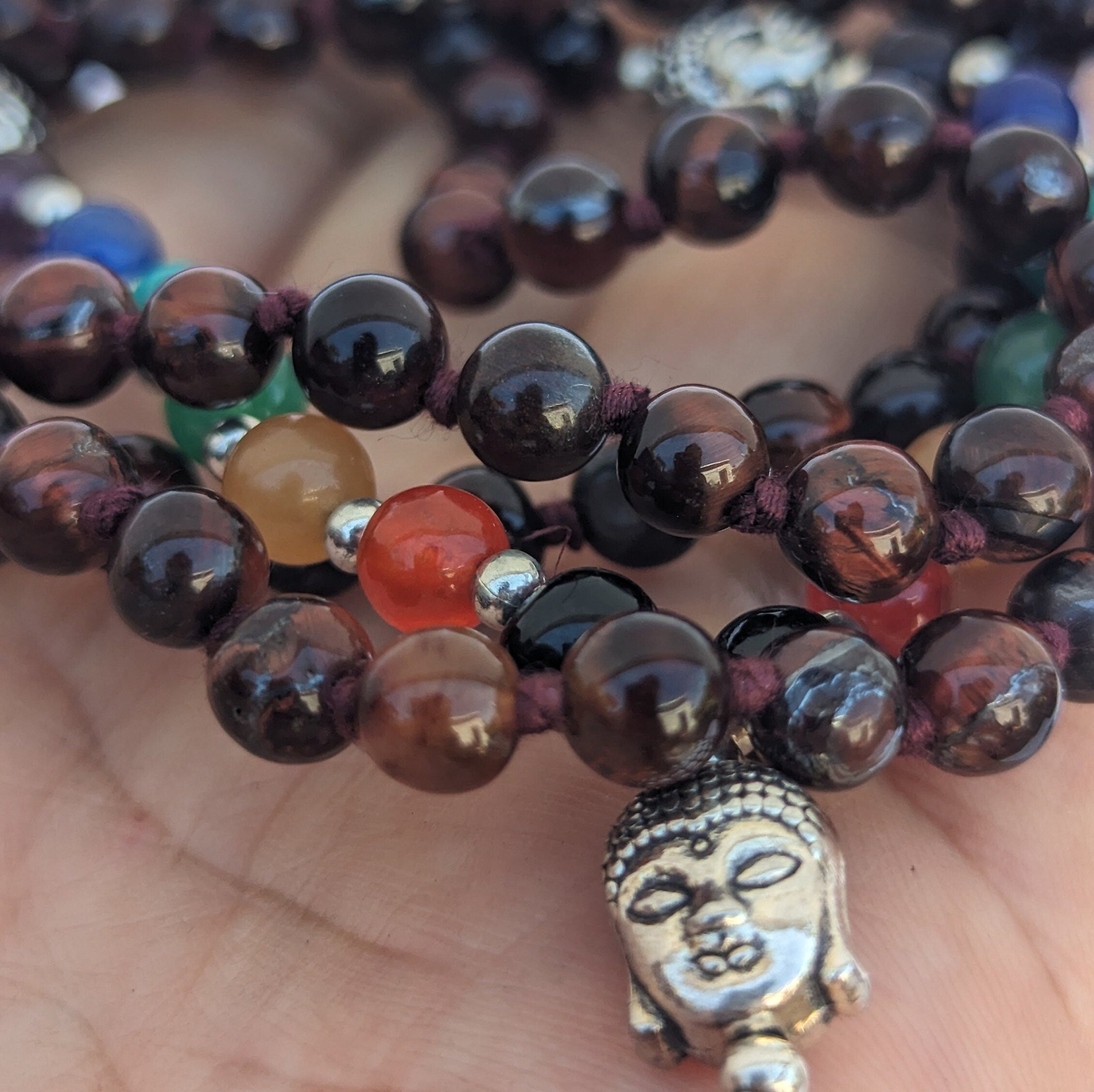 Red Tiger's Eye Mala: 7 Chakra Stone, Knotted Meditation Beads
