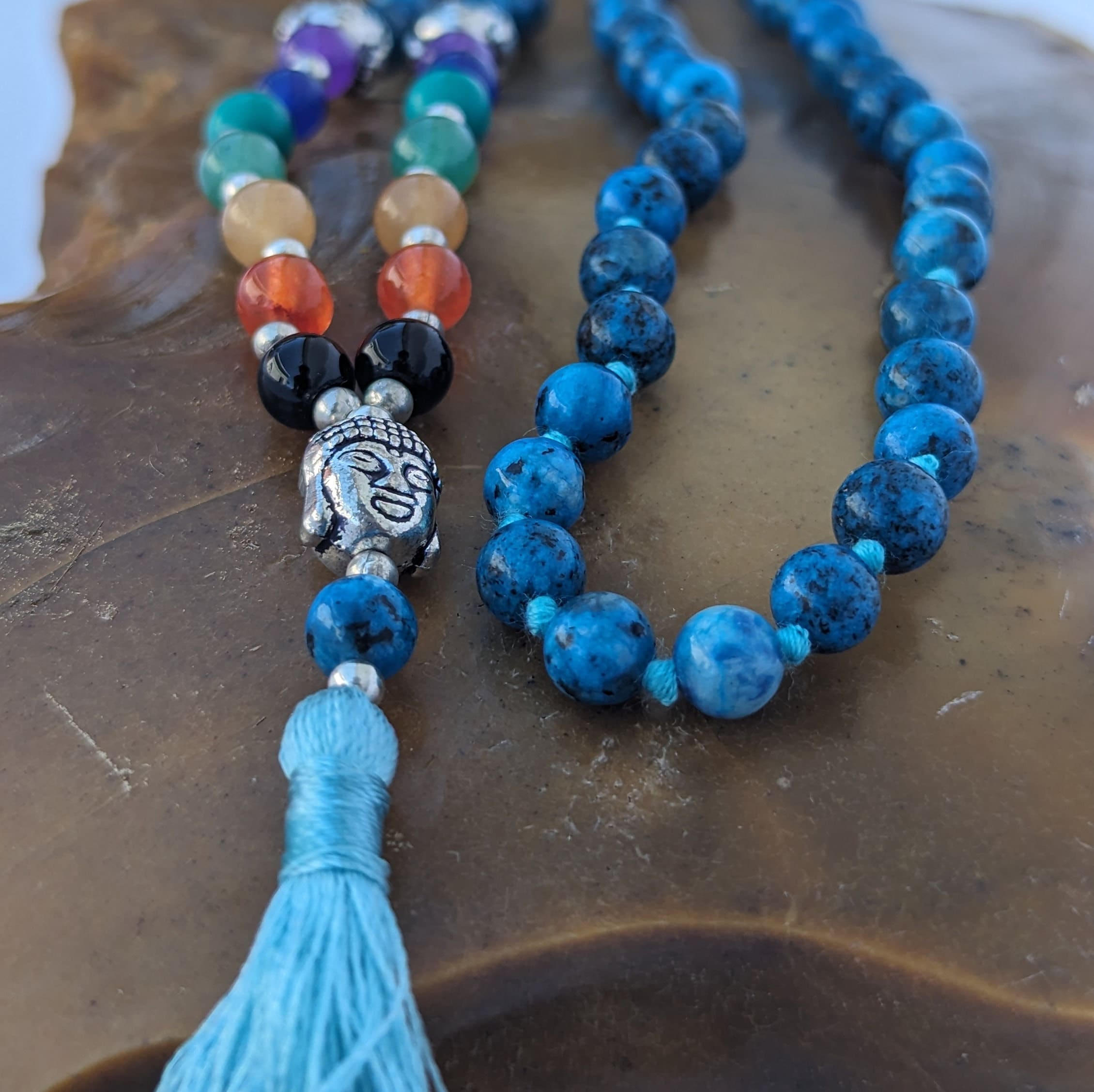 Chrysocolla 7 Chakra Mala: Knotted Meditation Beads