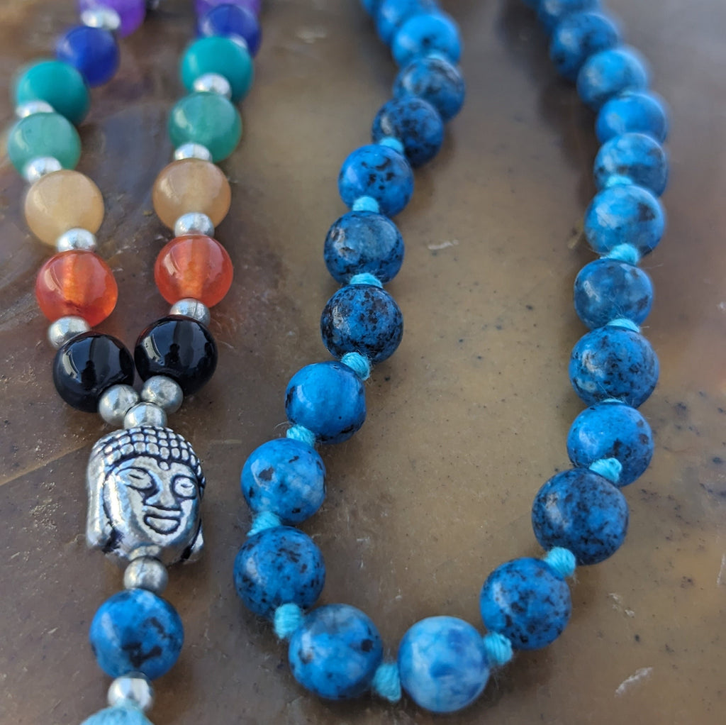 Chrysocolla 7 Chakra Mala: Knotted Meditation Beads