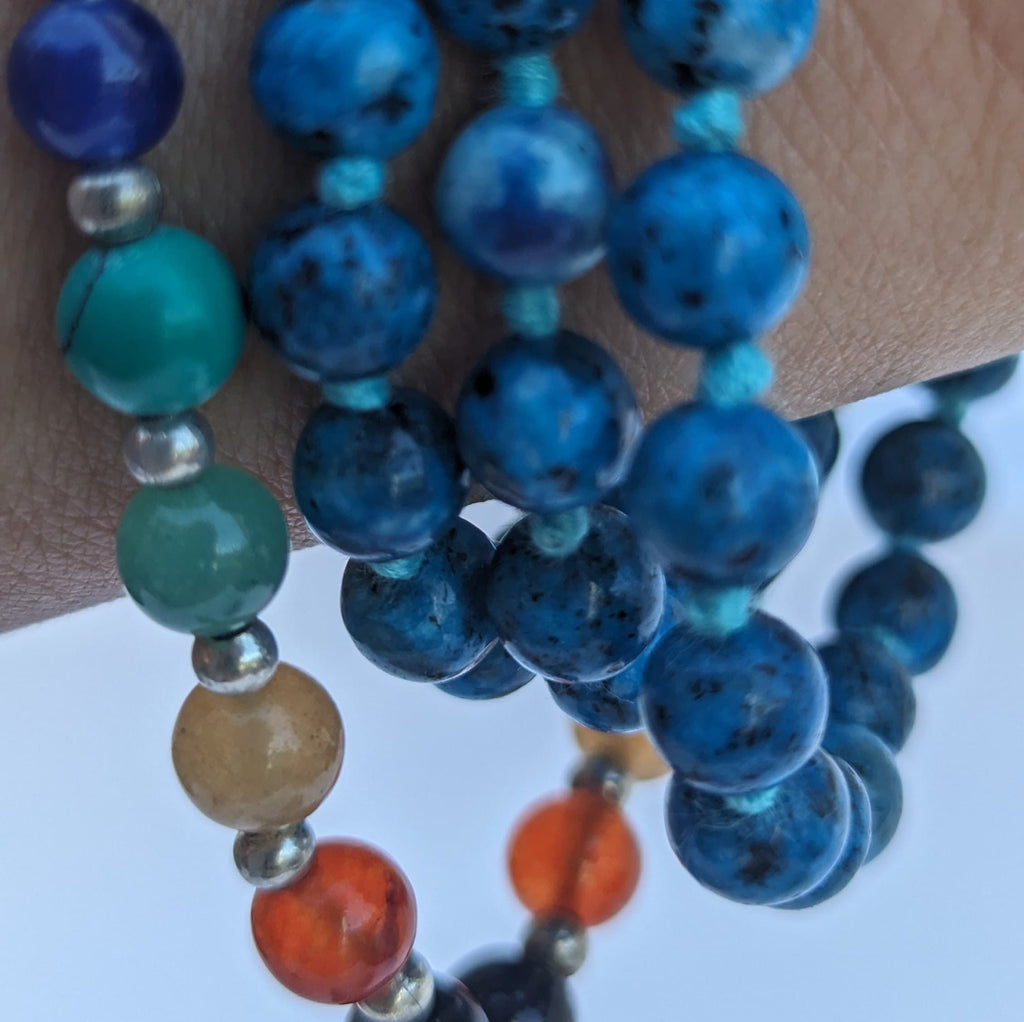Chrysocolla 7 Chakra Mala: Knotted Meditation Beads