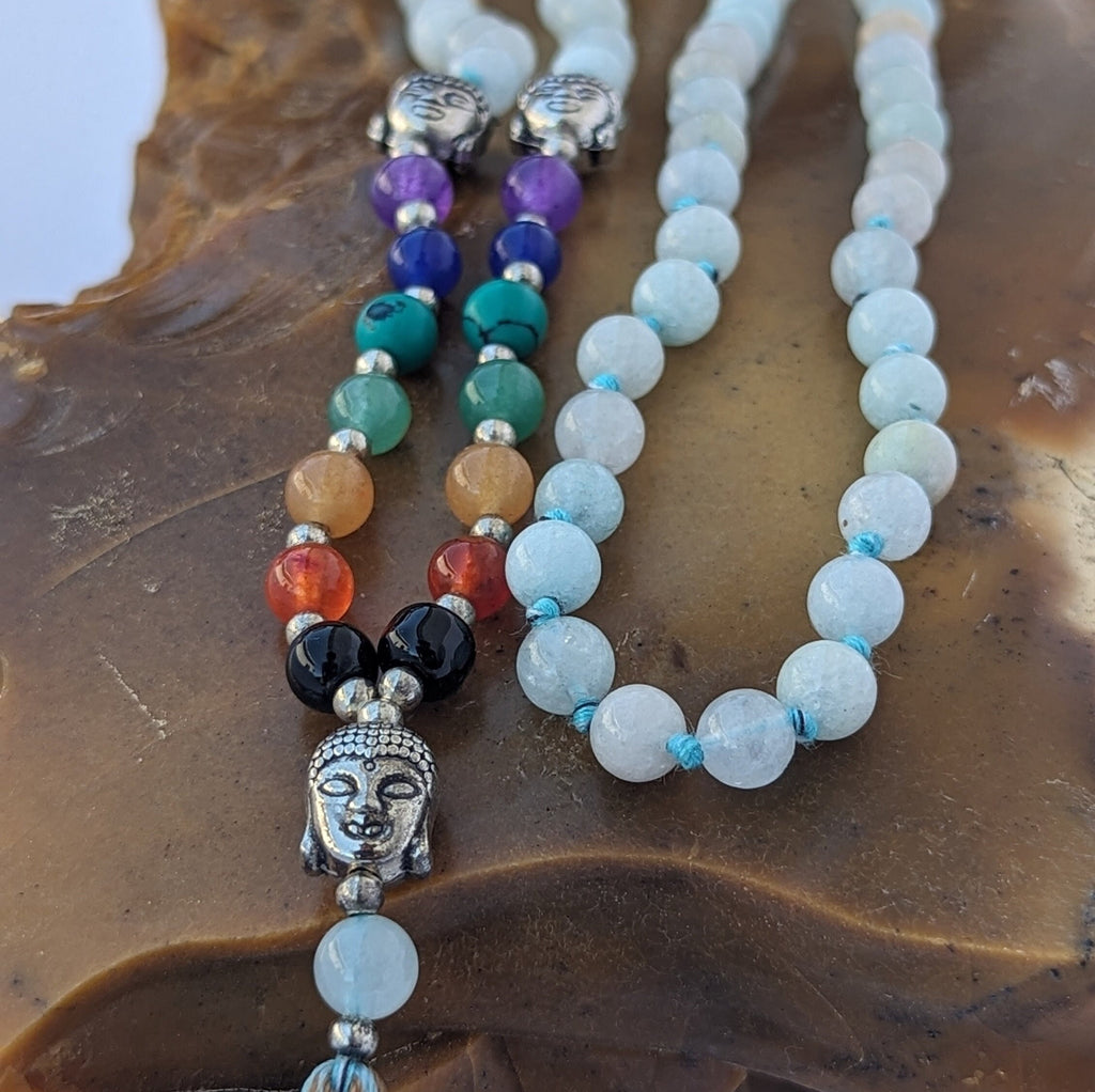 Light Green Agate 7 Chakra Mala: Knotted Meditation Beads