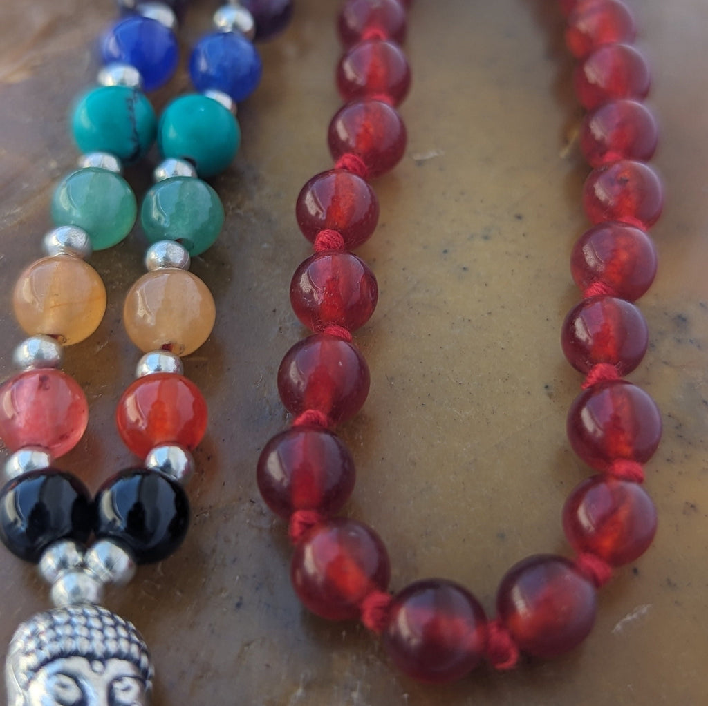 Red Agate 7 Chakra Mala: Knotted Meditation Beads