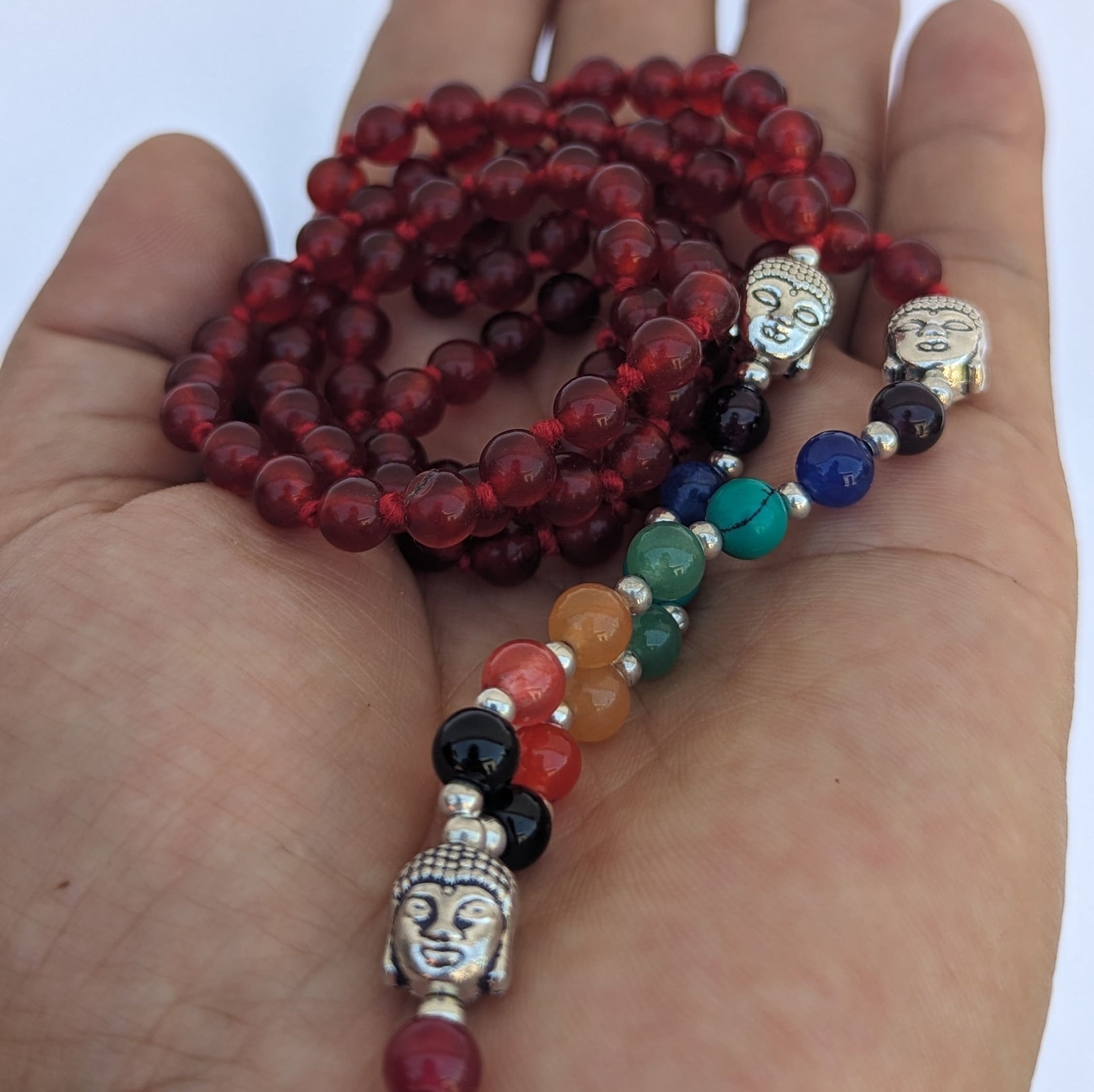 Red Agate 7 Chakra Mala: Knotted Meditation Beads