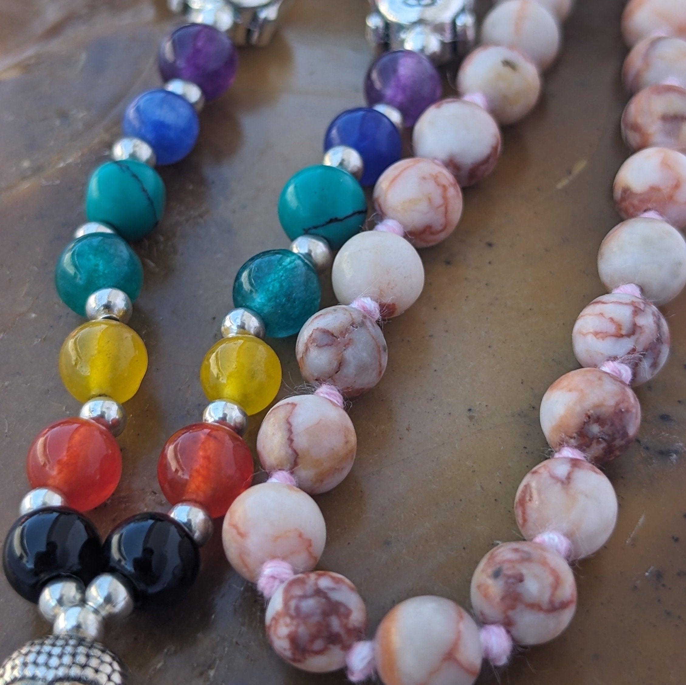 Red Picasso Jasper 7 Chakra Mala: Knotted Meditation Beads