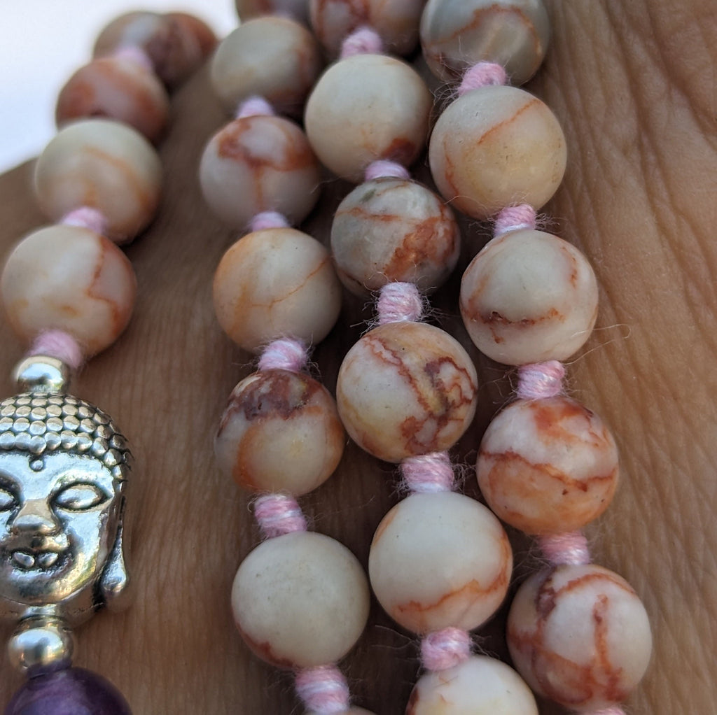 Red Picasso Jasper 7 Chakra Mala: Knotted Meditation Beads