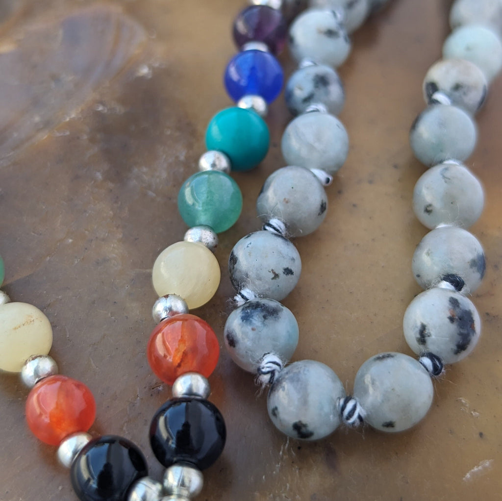 Kiwi Jasper 7 Chakra Mala: Knotted Meditation Beads