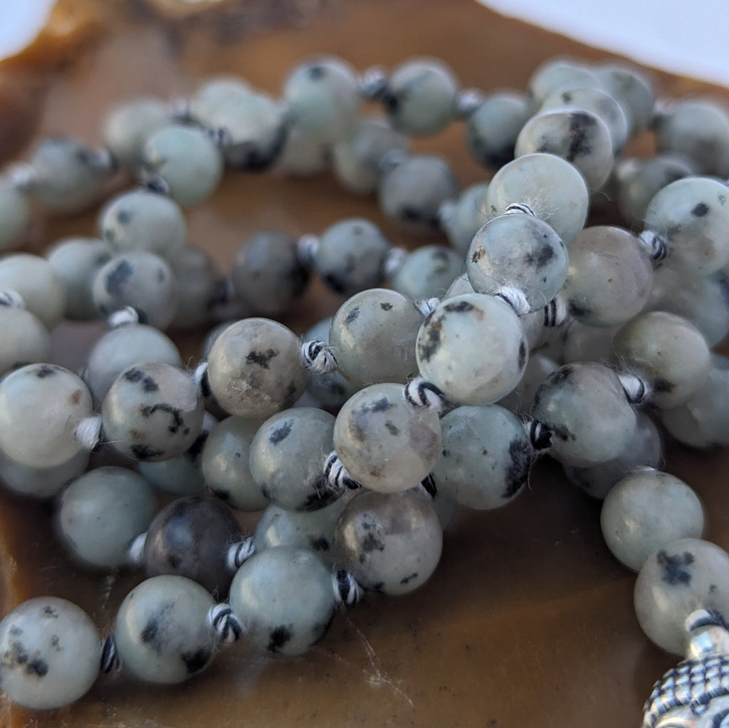 Kiwi Jasper 7 Chakra Mala: Knotted Meditation Beads