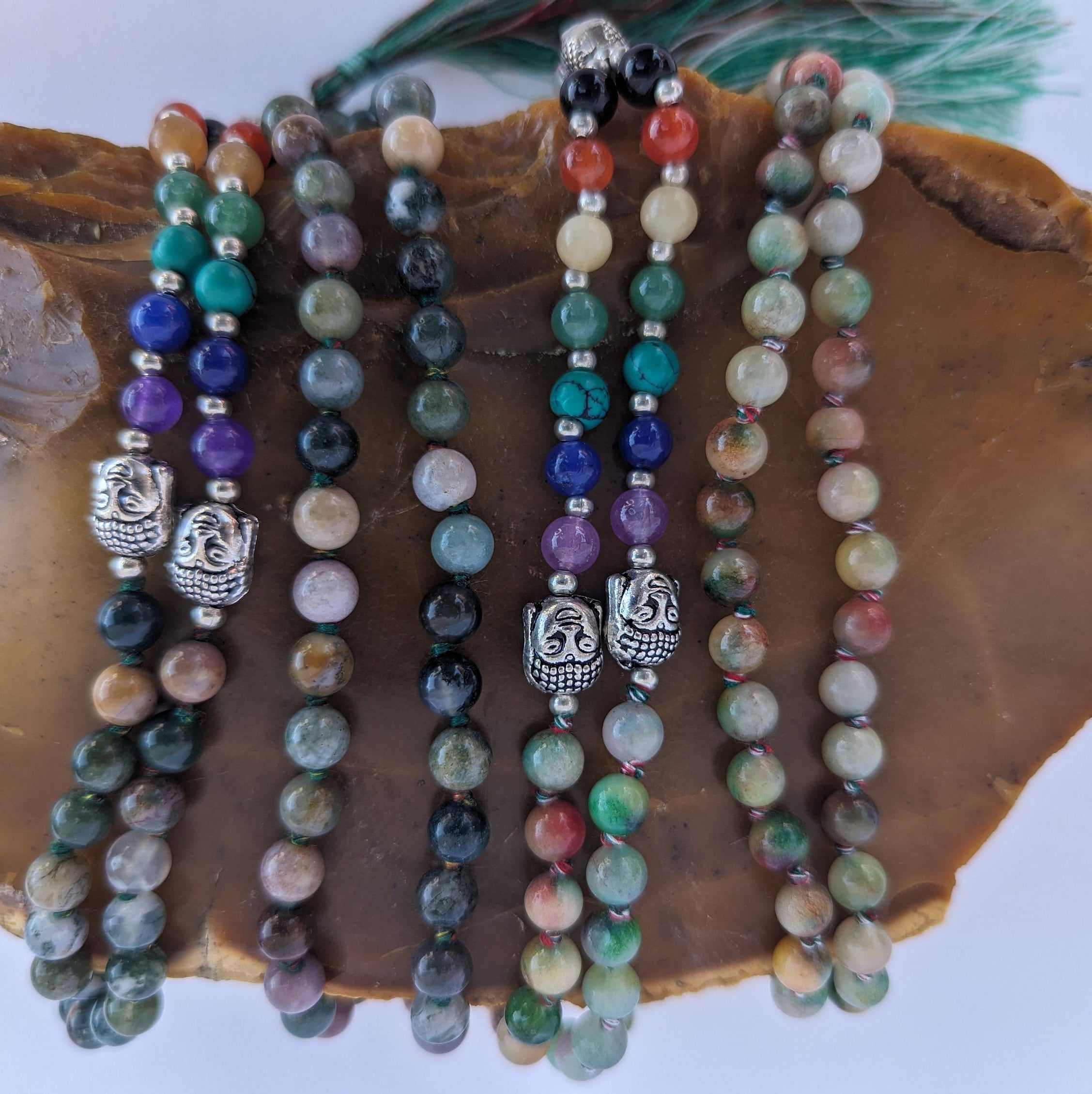 Moss Agate 7 Chakra Mala: Knotted Meditation Beads