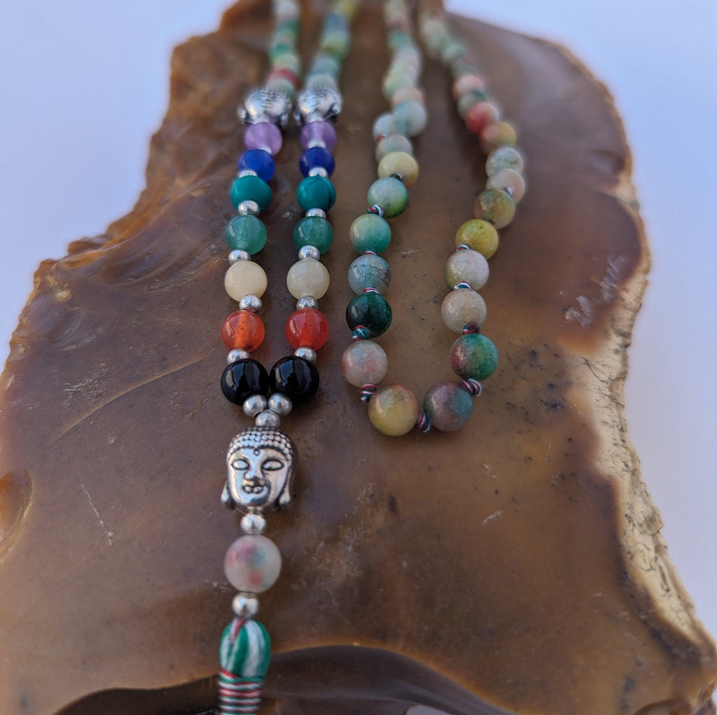 Moss Agate 7 Chakra Mala: Knotted Meditation Beads