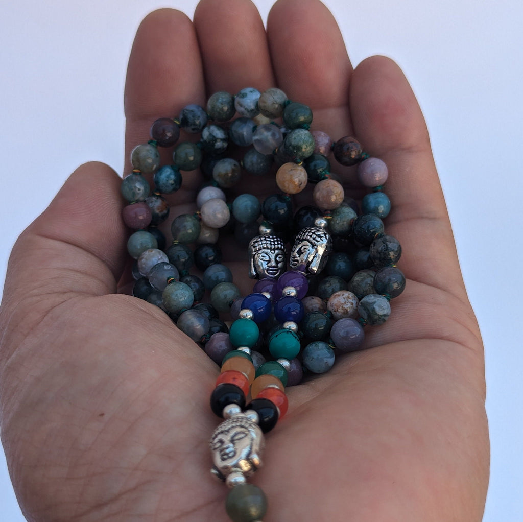 Moss Agate 7 Chakra Mala: Knotted Meditation Beads