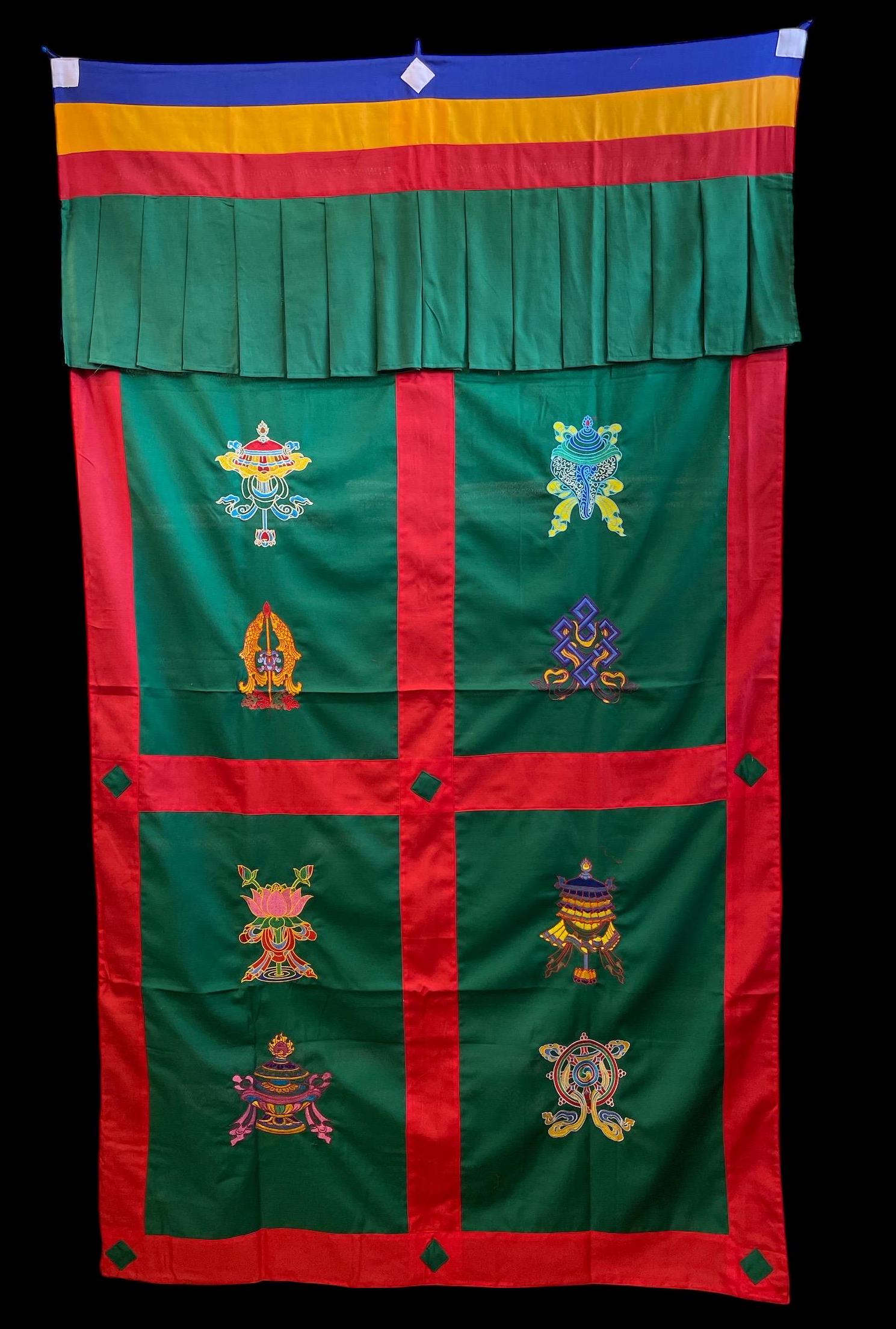 Embroidered Tibetan Door Curtain: 8 Auspicious Symbols, 42x72 Inches