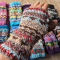 Handmade woolen knit fleece-lined multi color fingerless gloves