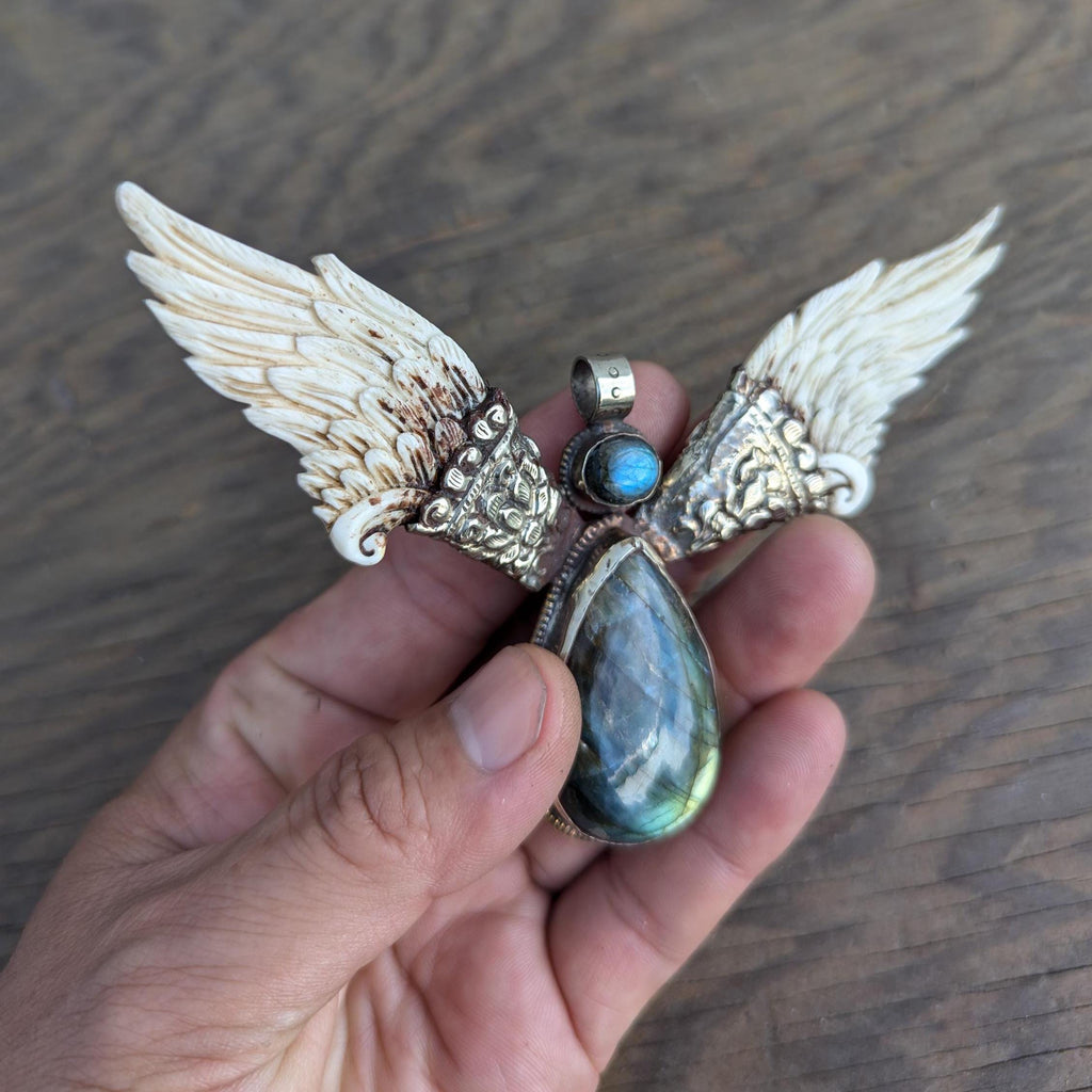Labradorite Eagle Wing Pendant: Tibetan Silver Gemstone Jewelry PE101