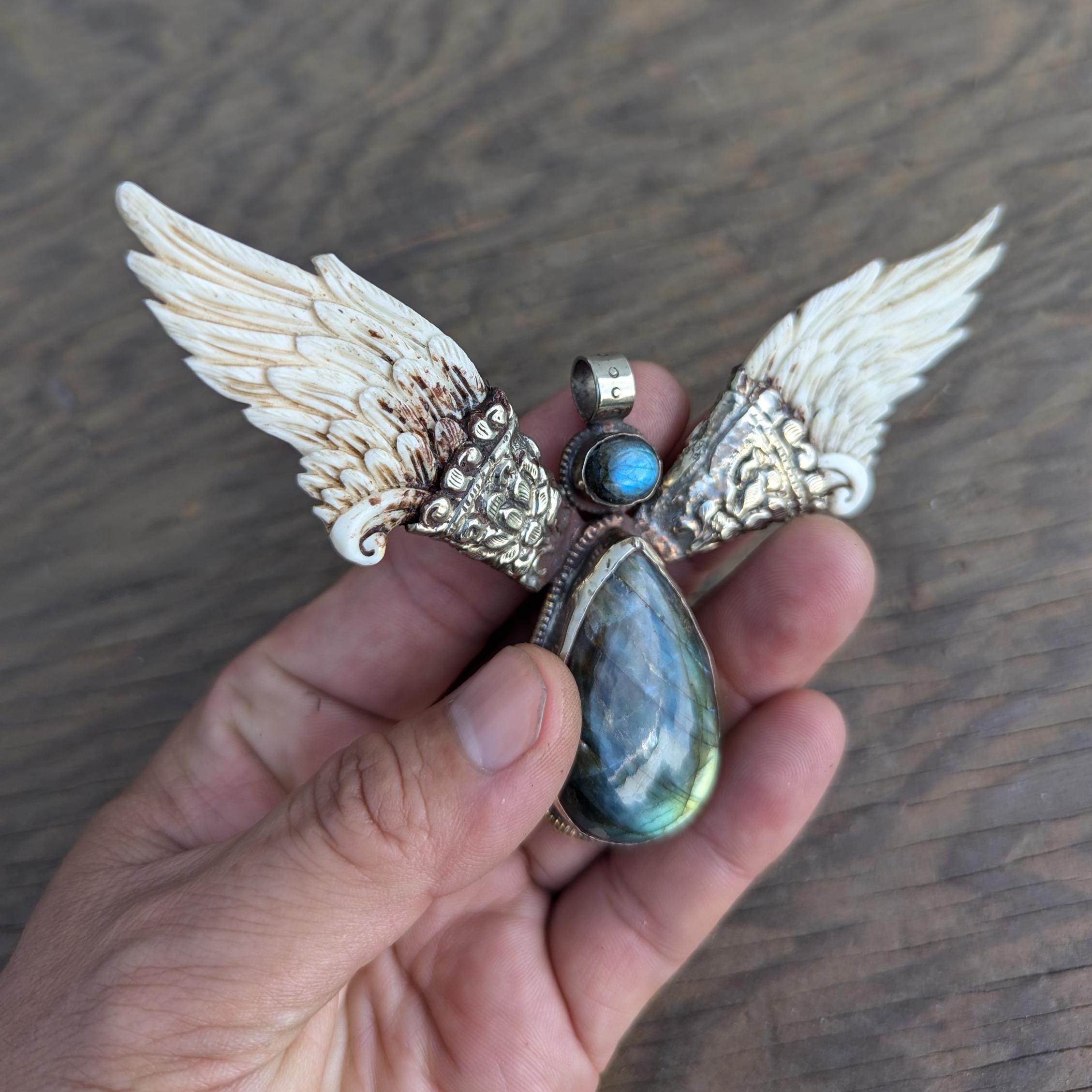 Labradorite Eagle Wing Pendant: Tibetan Silver Gemstone Jewelry PE101
