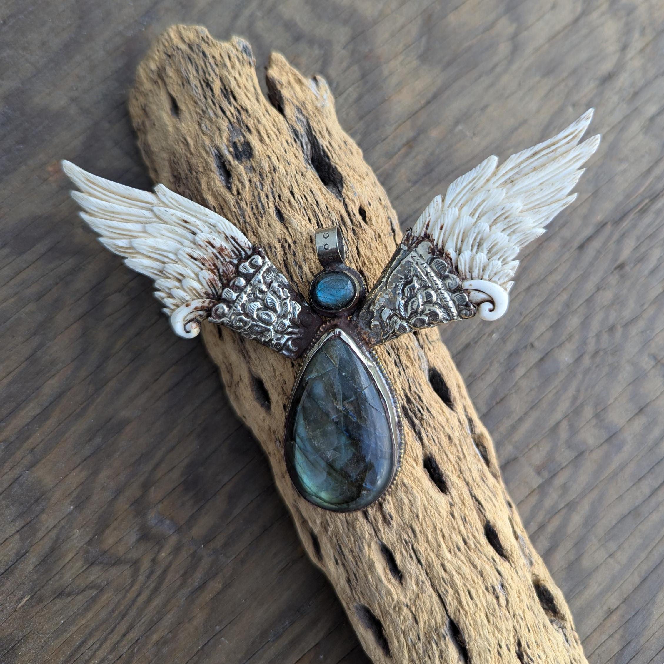 Labradorite Eagle Wing Pendant: Tibetan Silver Gemstone Jewelry PE101