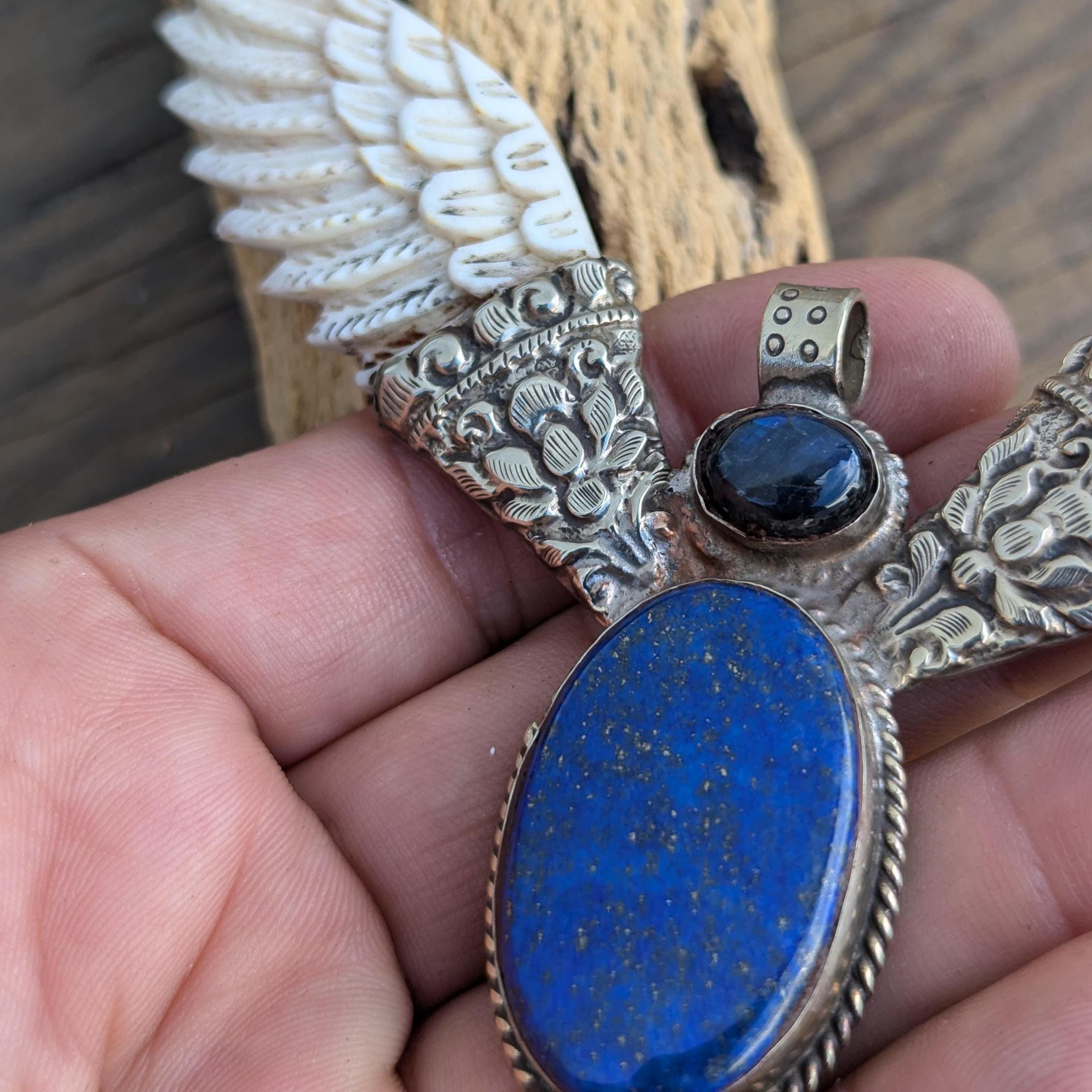 Lapis Lazuli Eagle Pendant: Tibetan Silver Gemstone Jewelry PE102