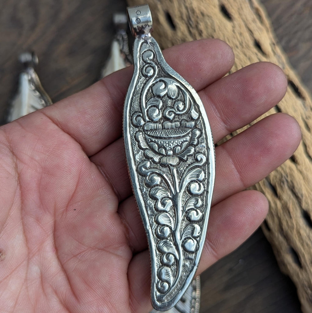 Hand Carved Buffalo Bone Eagle Pendant: Tibetan Silver Boho Jewelry PE 103