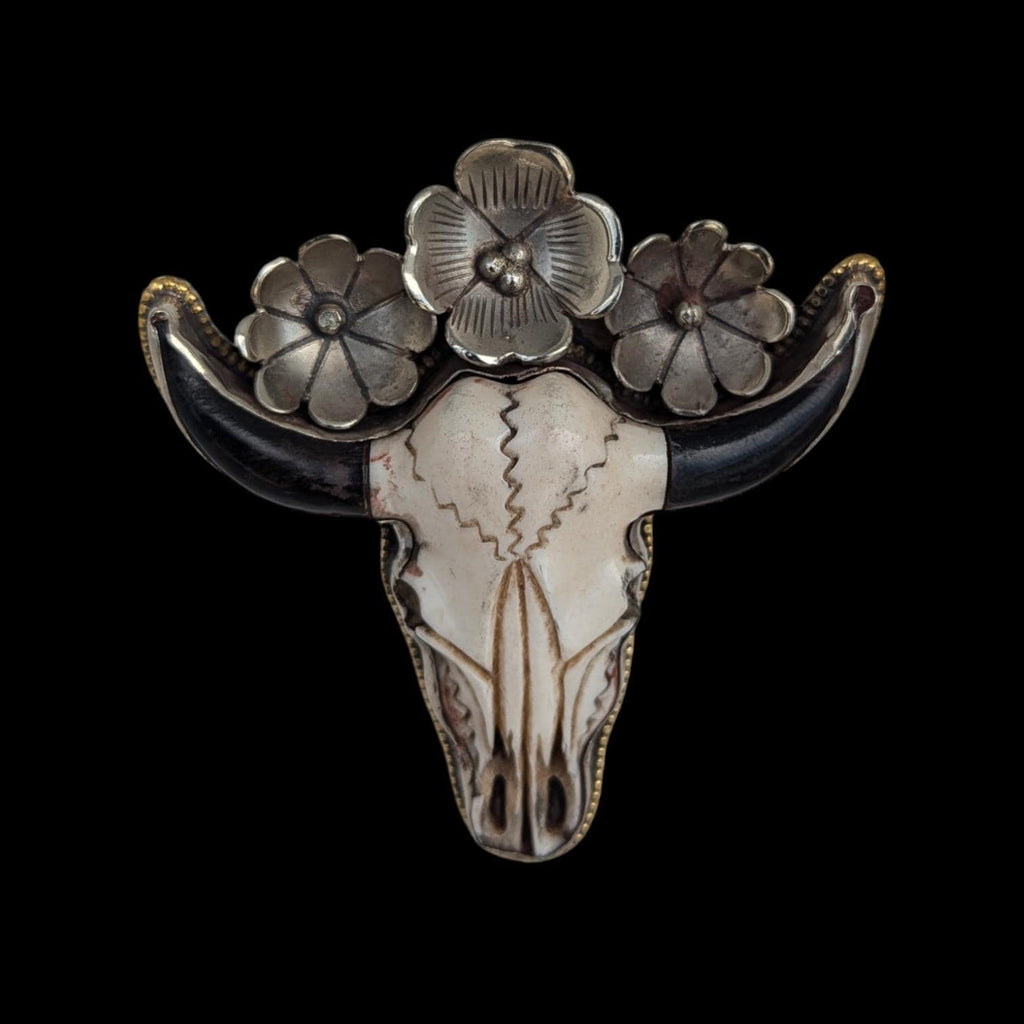Hand-Carved Buffalo Bone Skull Pendant: Tibetan Silver Floral Bull Head PE104