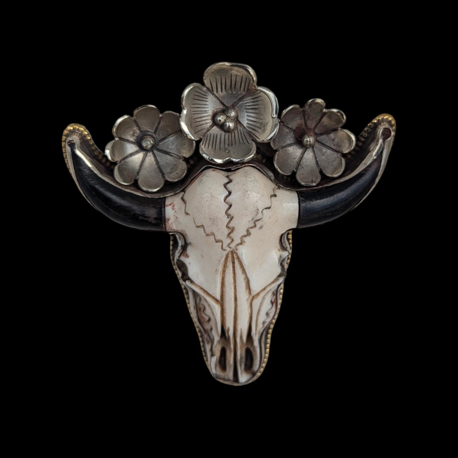 Hand-Carved Buffalo Bone Skull Pendant: Tibetan Silver Floral Bull Head PE104