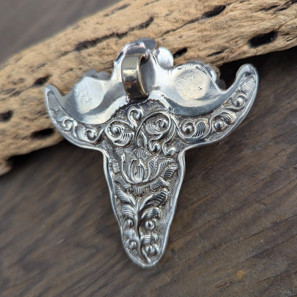 Hand-Carved Buffalo Bone Skull Pendant: Tibetan Silver Floral Bull Head PE104