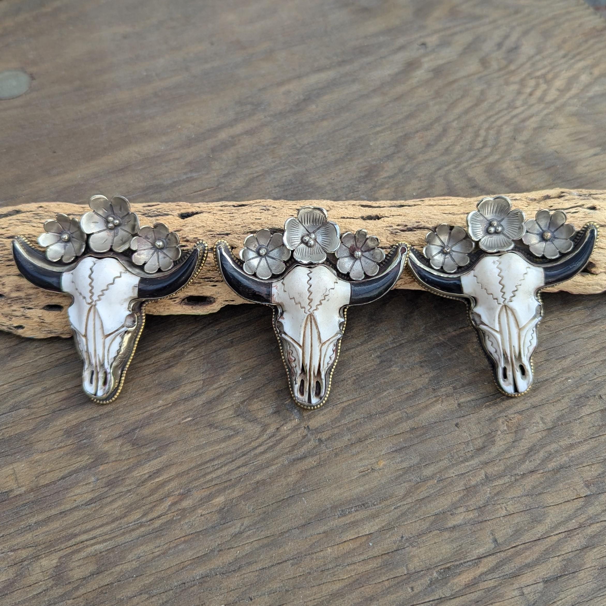 Hand-Carved Buffalo Bone Skull Pendant: Tibetan Silver Floral Bull Head PE104
