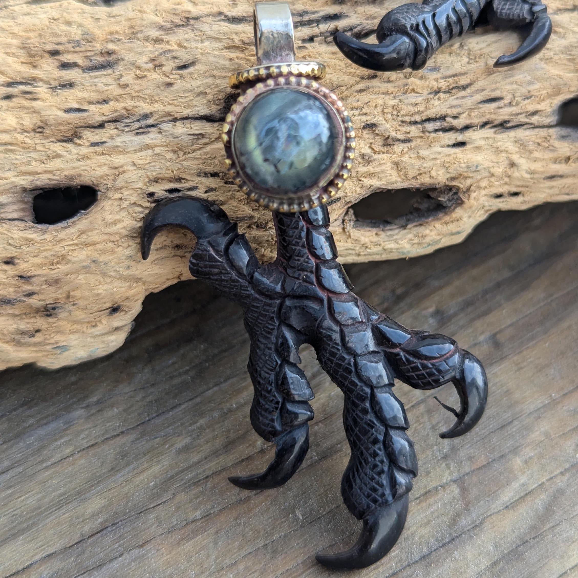 Labradorite Eagle Claw Pendant: Tibetan Silver Statement Jewelry PE 105