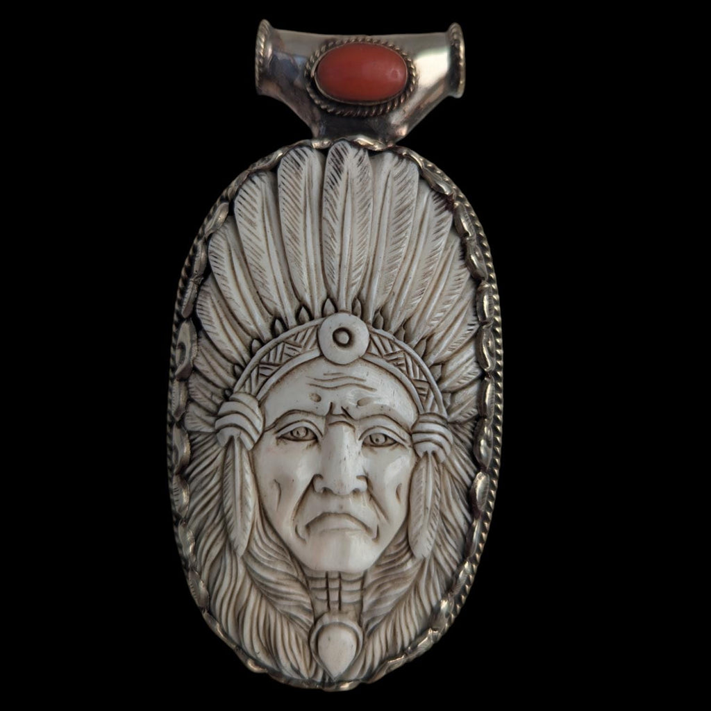 Carved Buffalo Bone Indian Chief Pendant: Tibetan Silver Boho Necklace PE 106