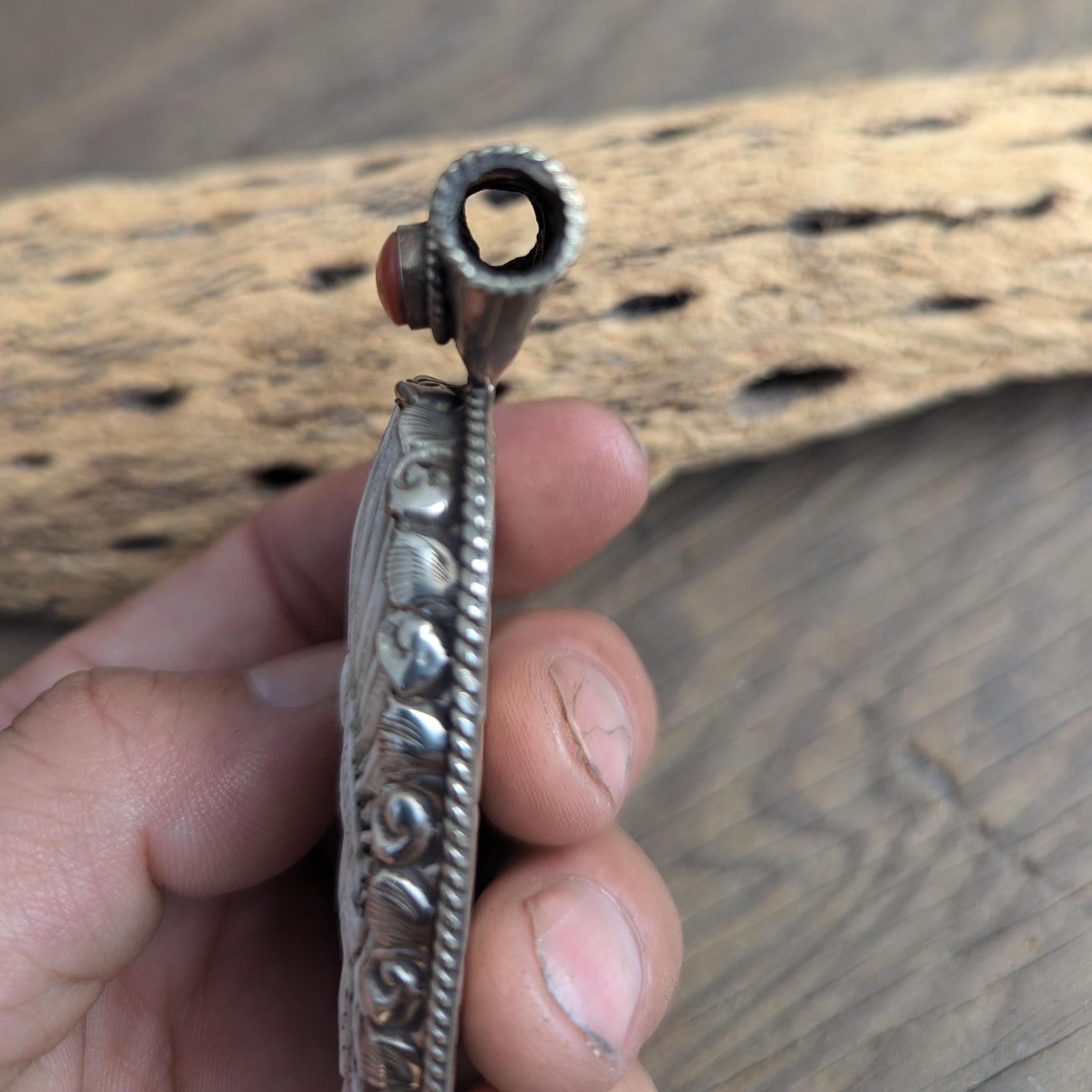Carved Buffalo Bone Indian Chief Pendant: Tibetan Silver Boho Necklace PE 106