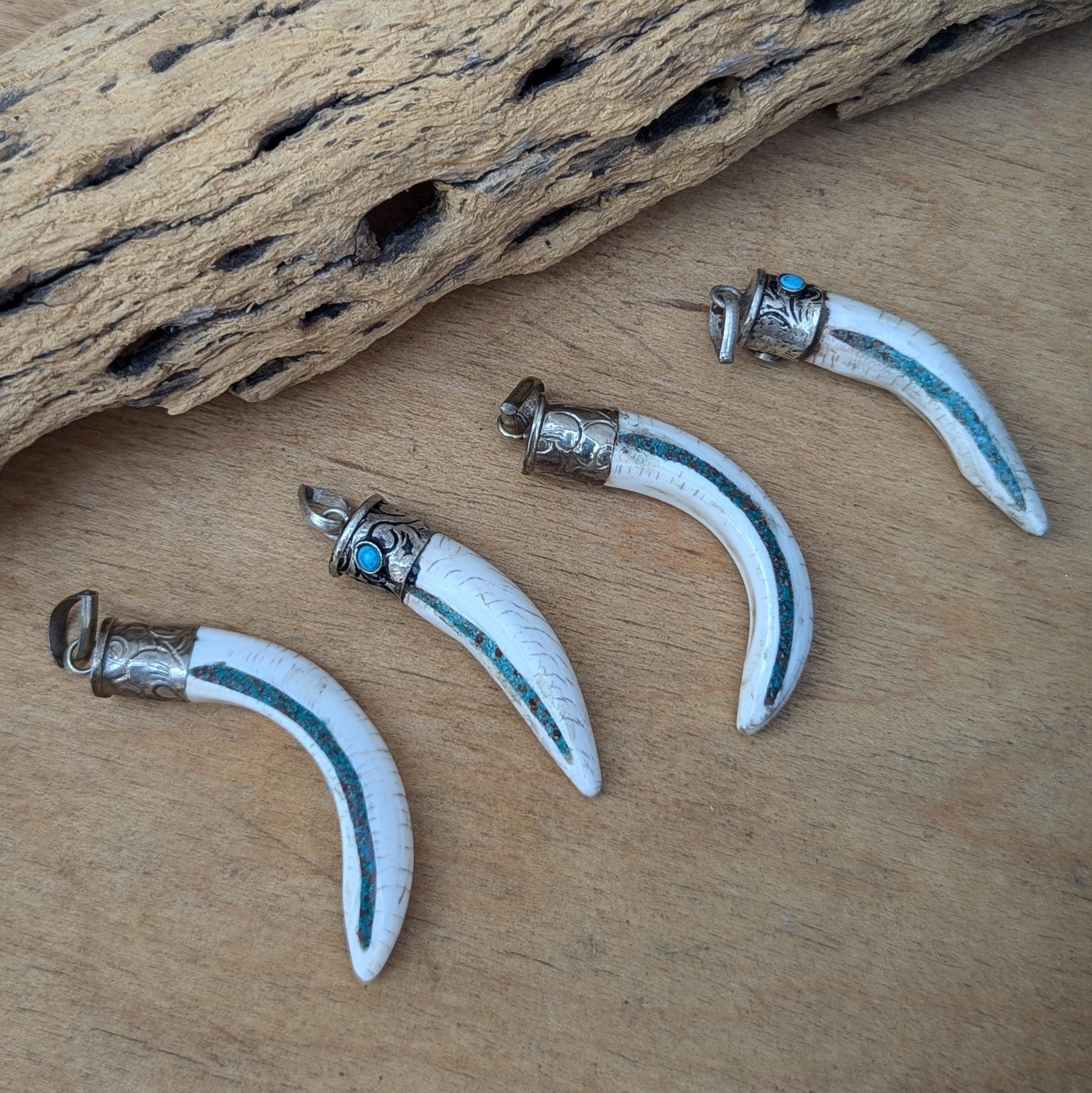 Hand-Carved Conch Shell Pendant: Tibetan Silver Turquoise Inlay PE 108