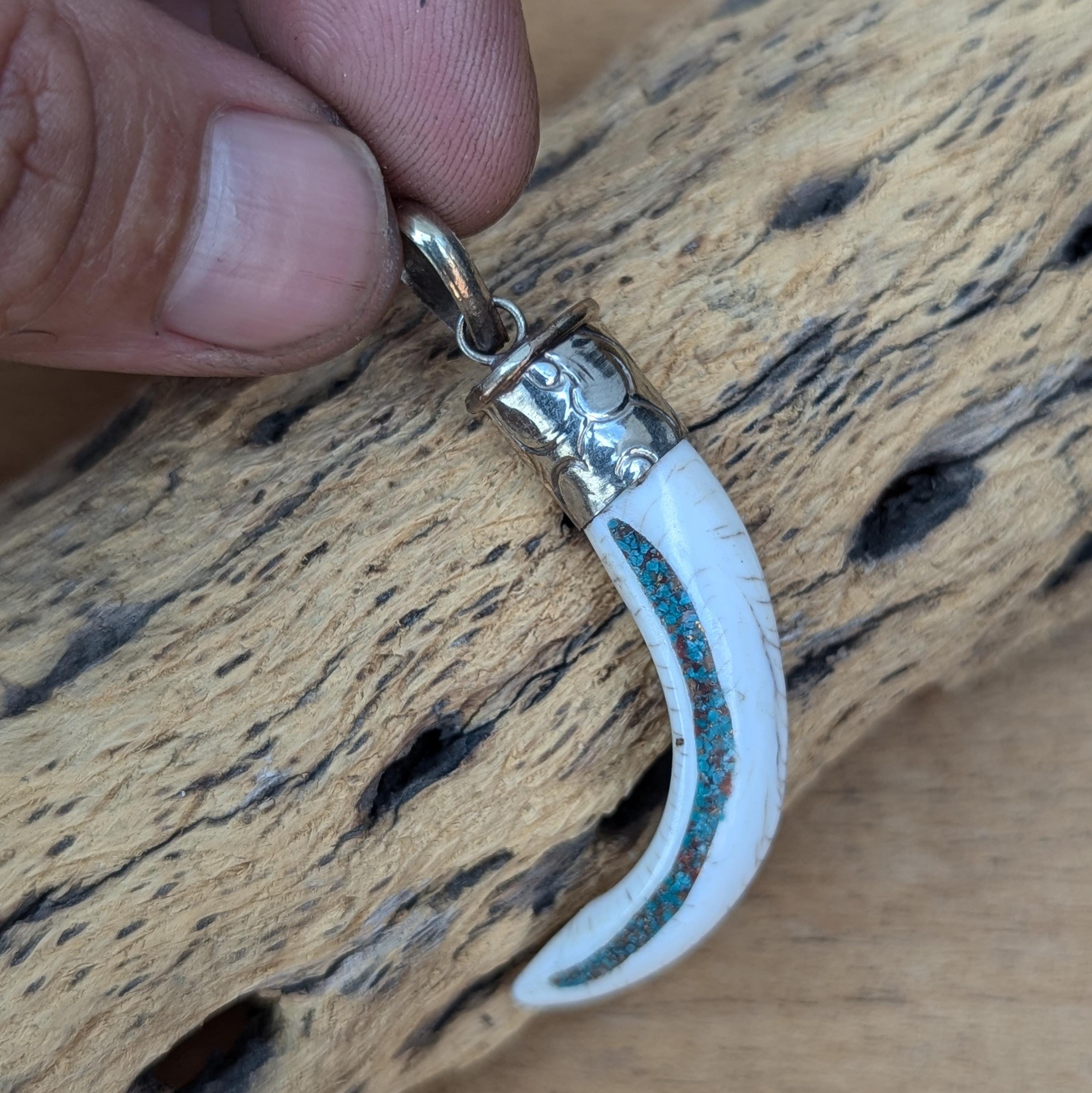 Hand-Carved Conch Shell Pendant: Tibetan Silver Turquoise Inlay PE 108