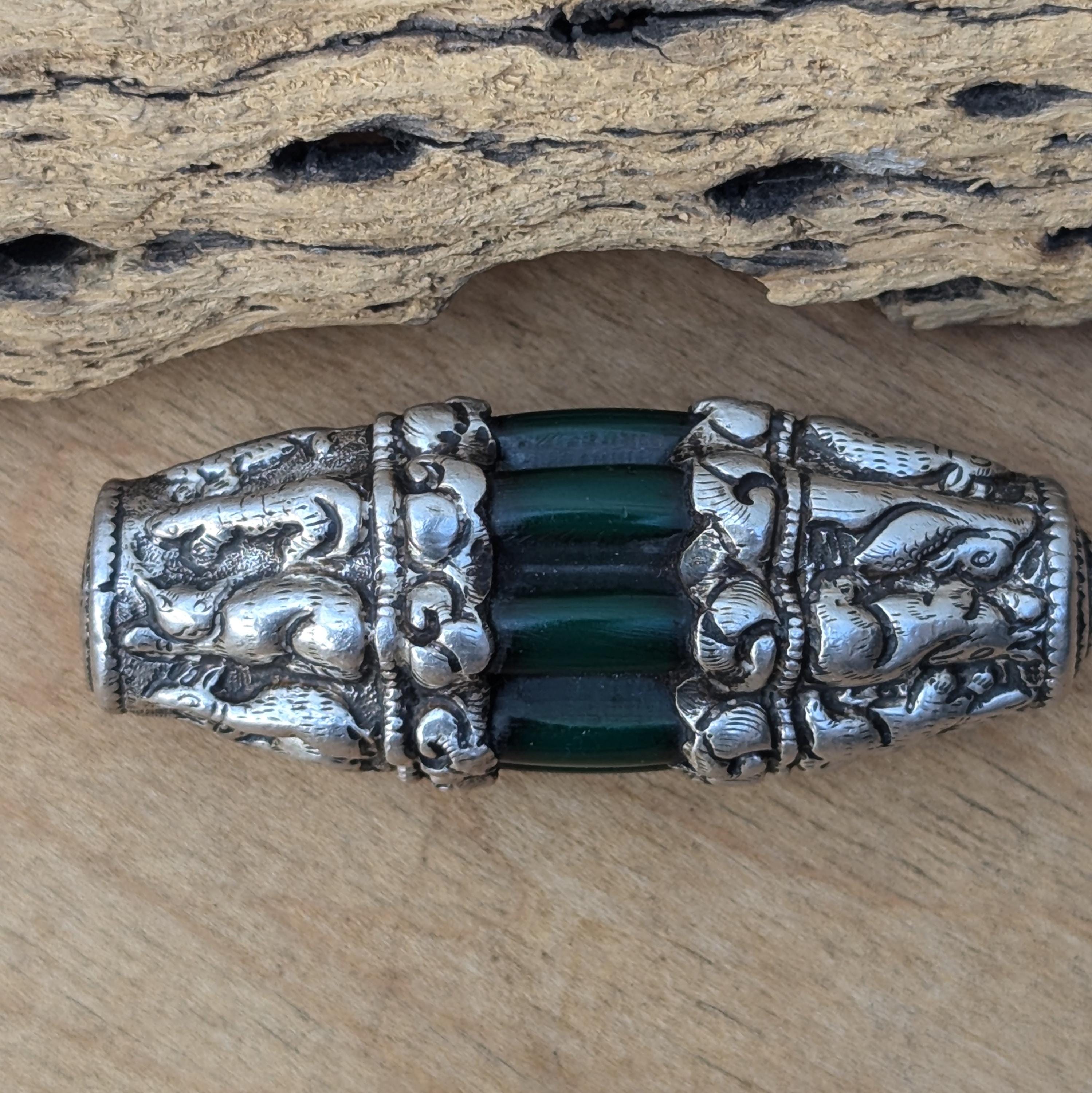 Antique Tibetan Green Glass Bead with Silver Cap