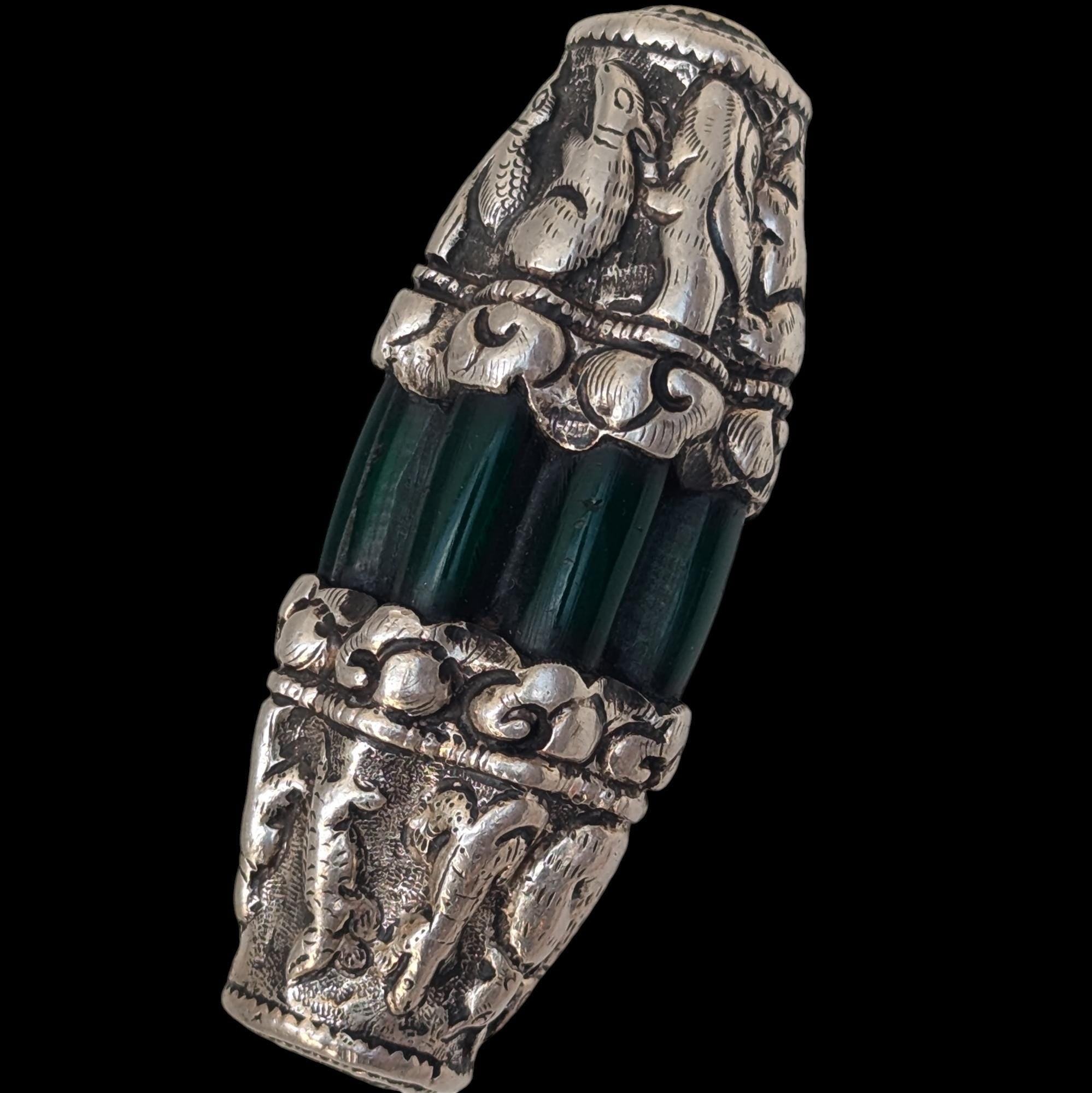 Antique Tibetan Green Glass Bead with Silver Cap