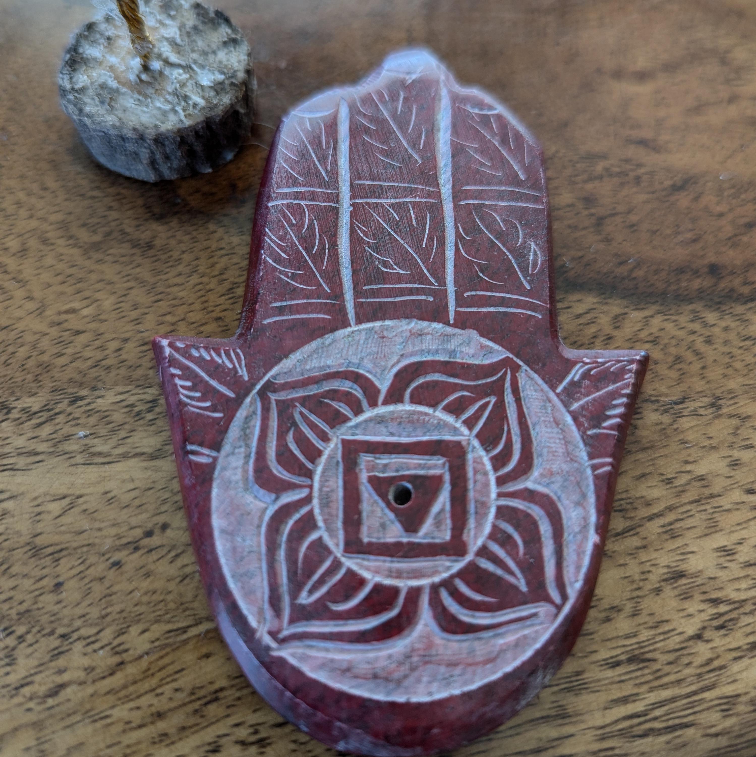 Chakra Hamsa Soapstone Incense Holder: Hand-Carved Protective Coaster