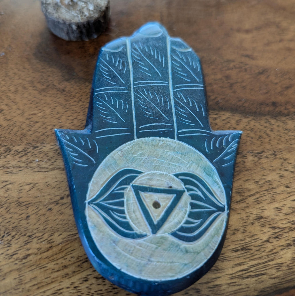 Chakra Hamsa Soapstone Incense Holder: Hand-Carved Protective Coaster