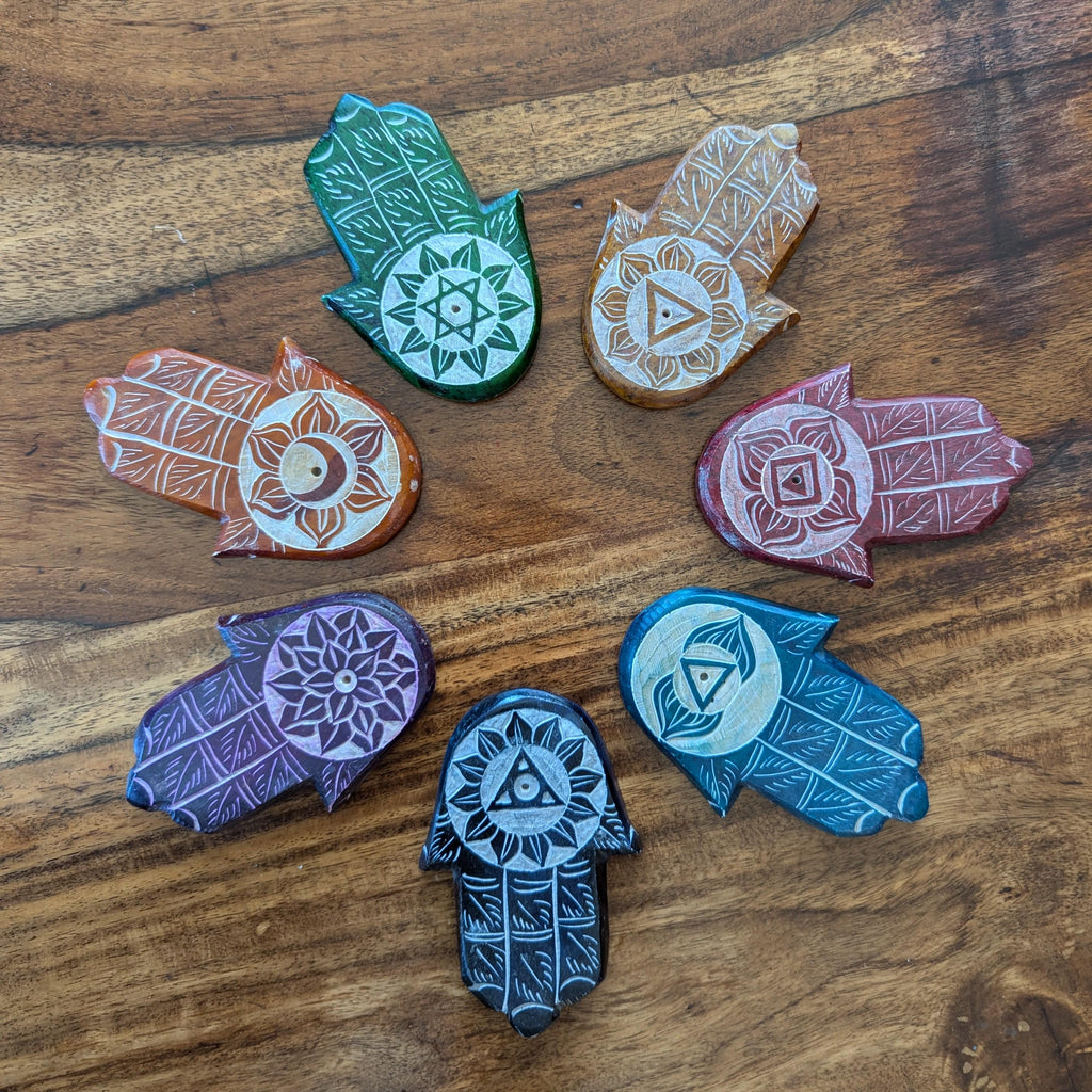 Chakra Hamsa Soapstone Incense Holder: Hand-Carved Protective Coaster