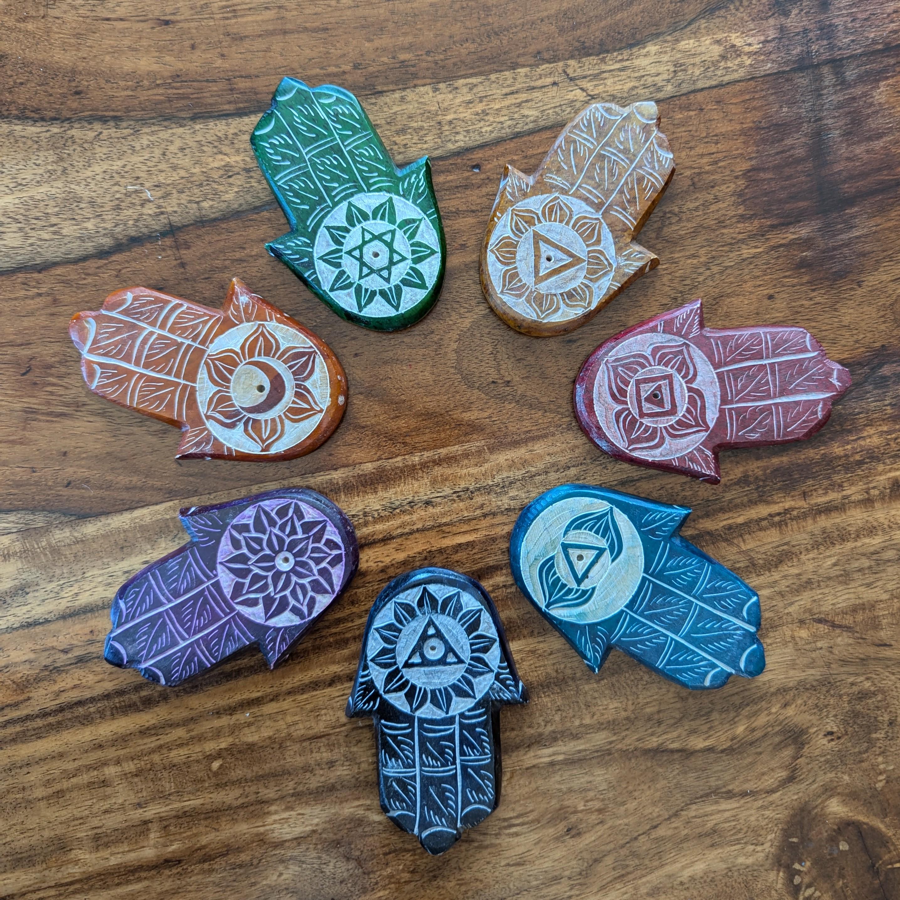 Chakra Hamsa Soapstone Incense Holder: Hand-Carved Protective Coaster