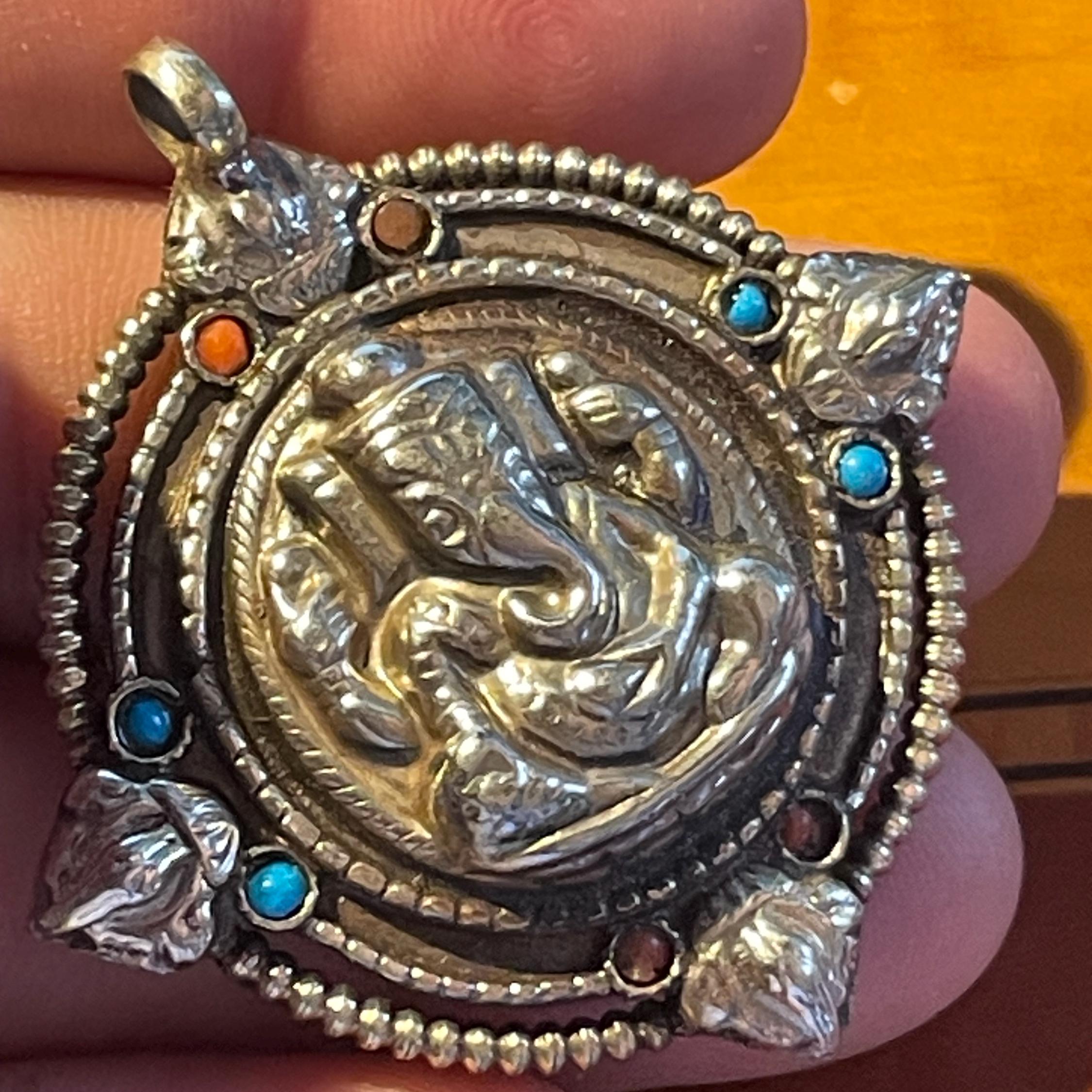 P3/48 - Ganesh Silver Pendant with Coral and Turquoise (T12-048)