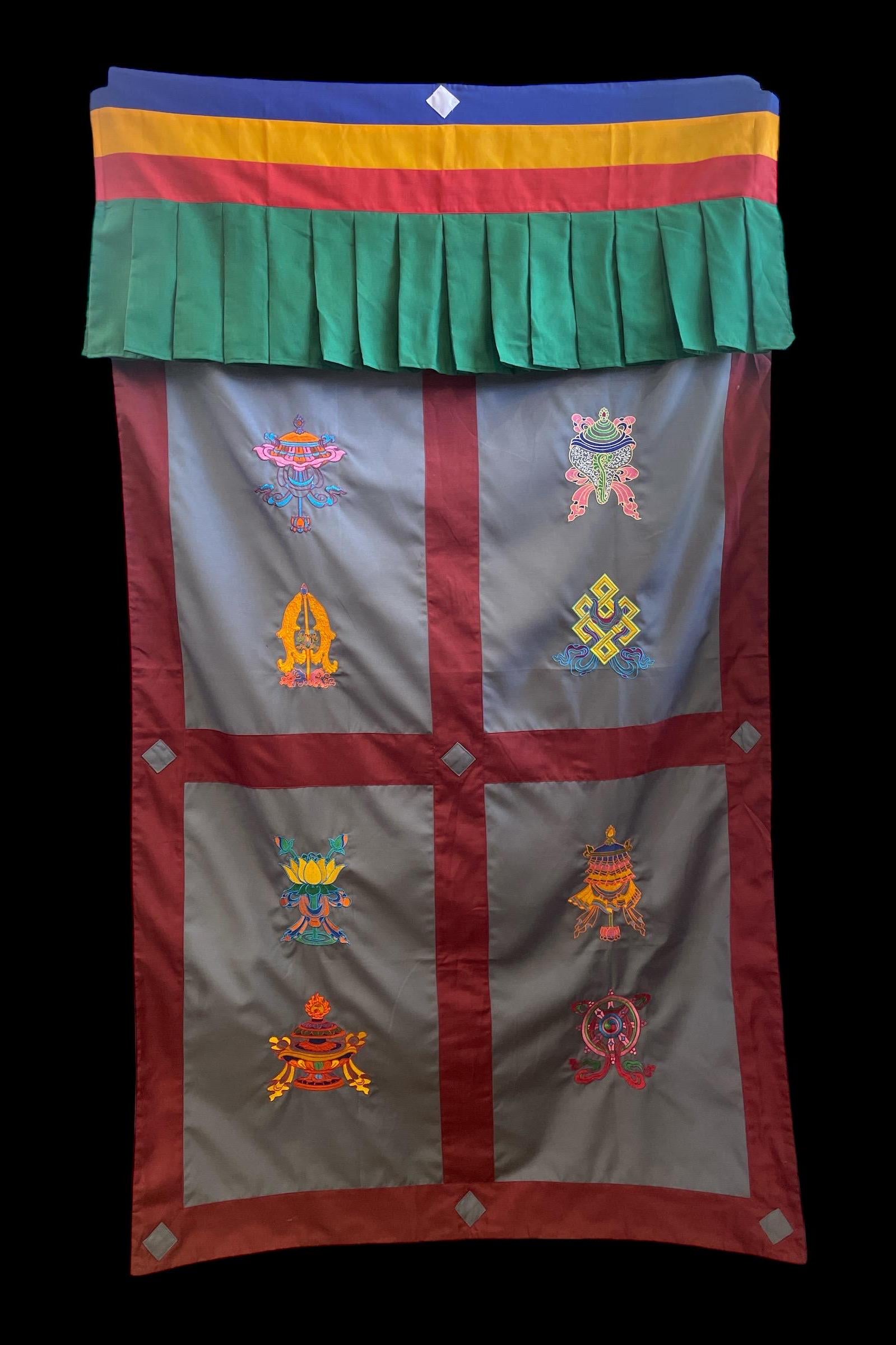 Embroidered Tibetan Door Curtain: Eight Auspicious Symbols, 42x72 Inches