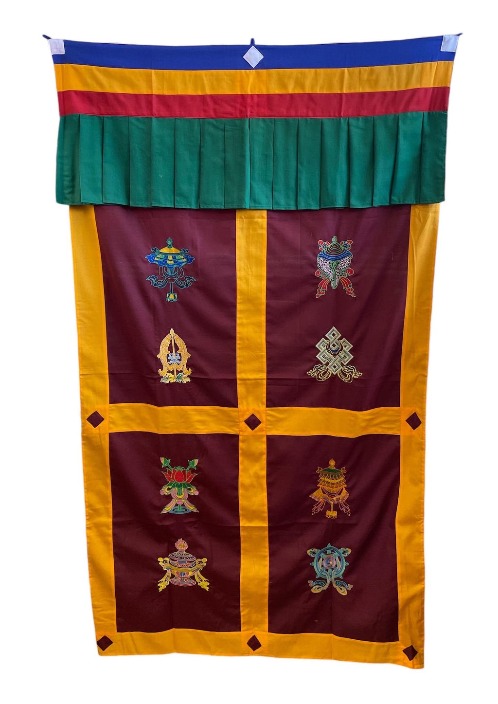 Embroidered Tibetan Door Curtain: Eight Auspicious Symbols, 42x72 Inches