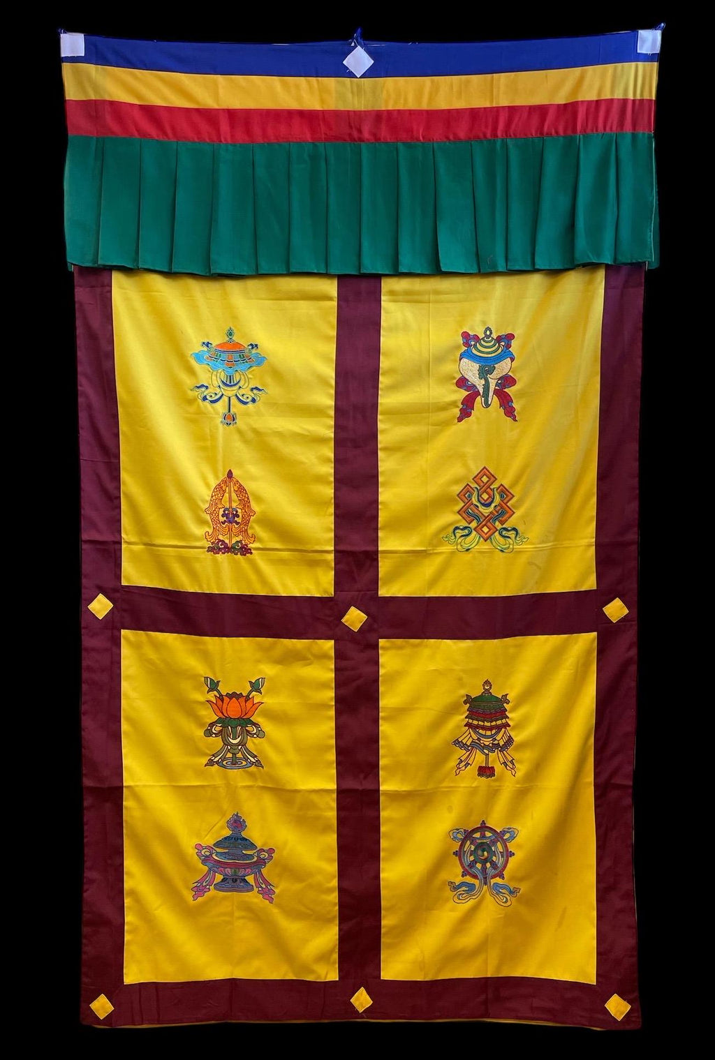Embroidered Tibetan Door Curtain: Eight Auspicious Symbols, 42x72 Inches
