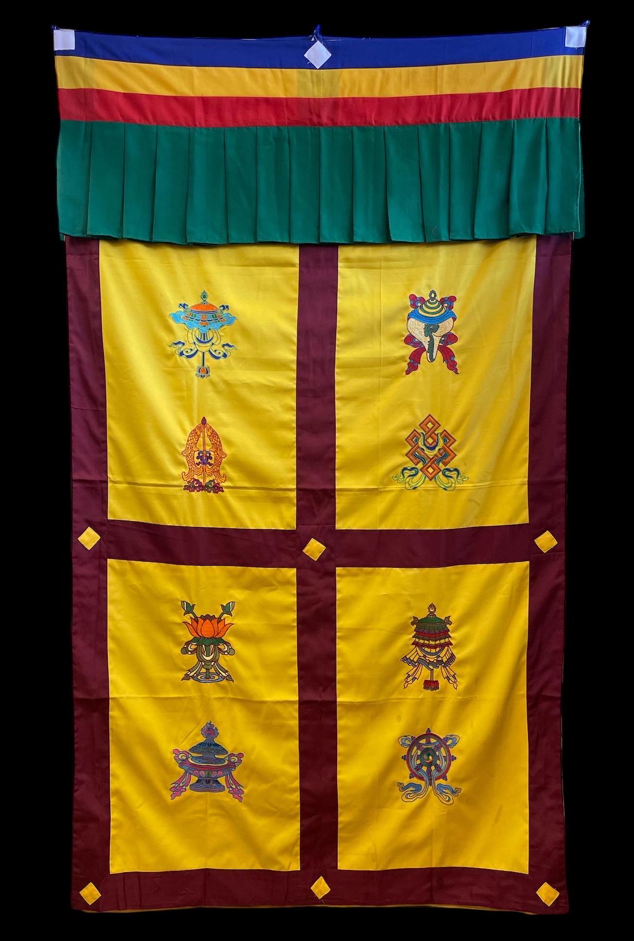 Embroidered Tibetan Door Curtain: Eight Auspicious Symbols, 42x72 Inches