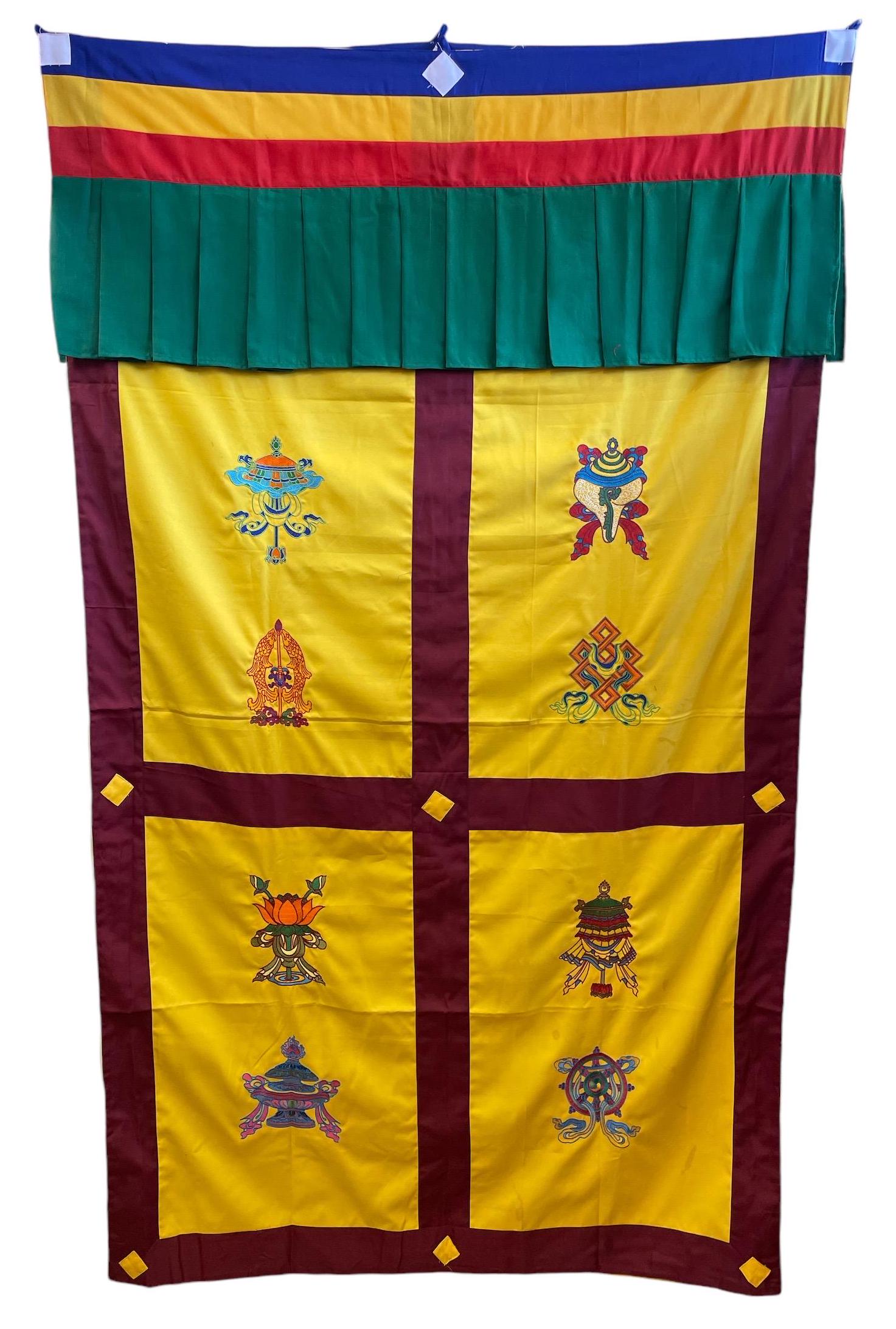 Embroidered Tibetan Door Curtain: Eight Auspicious Symbols, 42x72 Inches