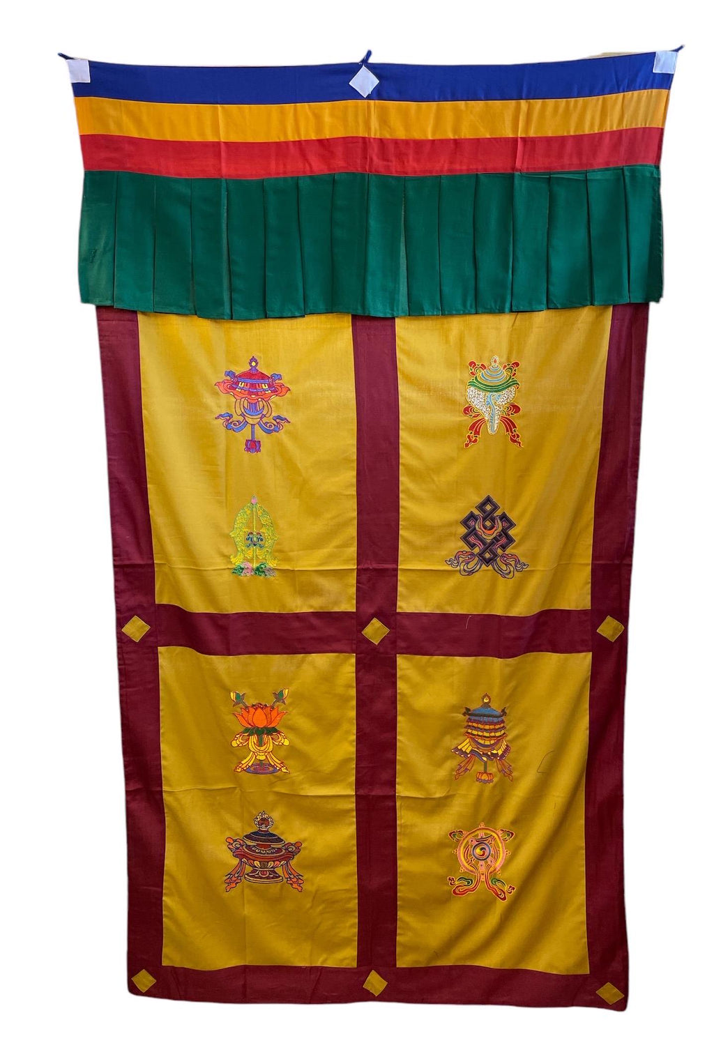 Embroidered Tibetan Door Curtain: 8 Auspicious Symbols, 42x72 Inches